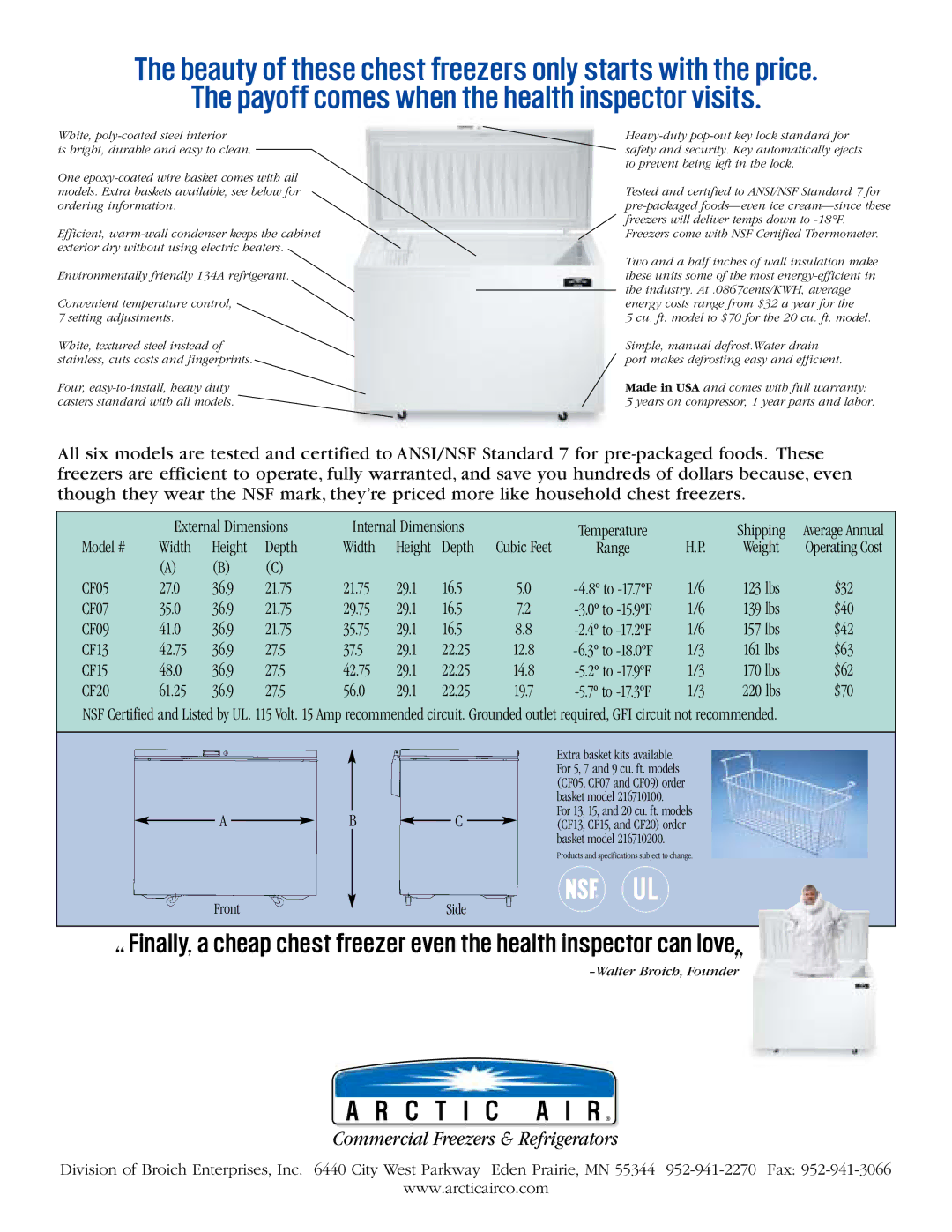 Arctic Air CF07, CF09, CF05 manual C T I C a I R, Commercial Freezers & Refrigerators 