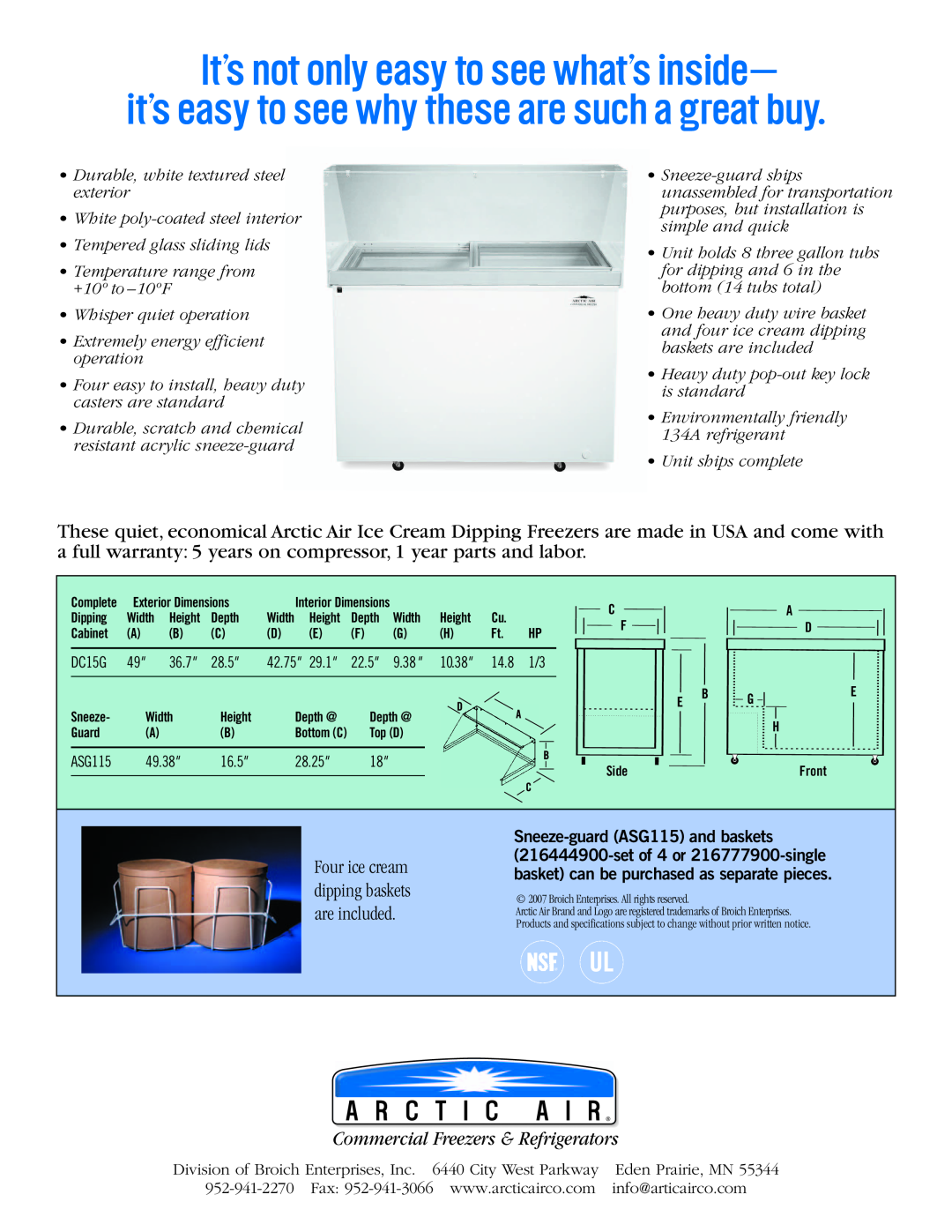Arctic Air DC15G specifications A R C T I C A I R, Commercial Freezers & Refrigerators 