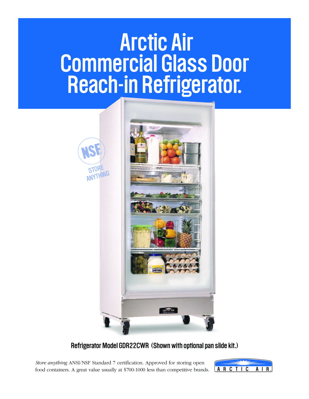 Arctic Air GDR22CWR manual Arctic Air Commercial Glass Door Reach-in Refrigerator 