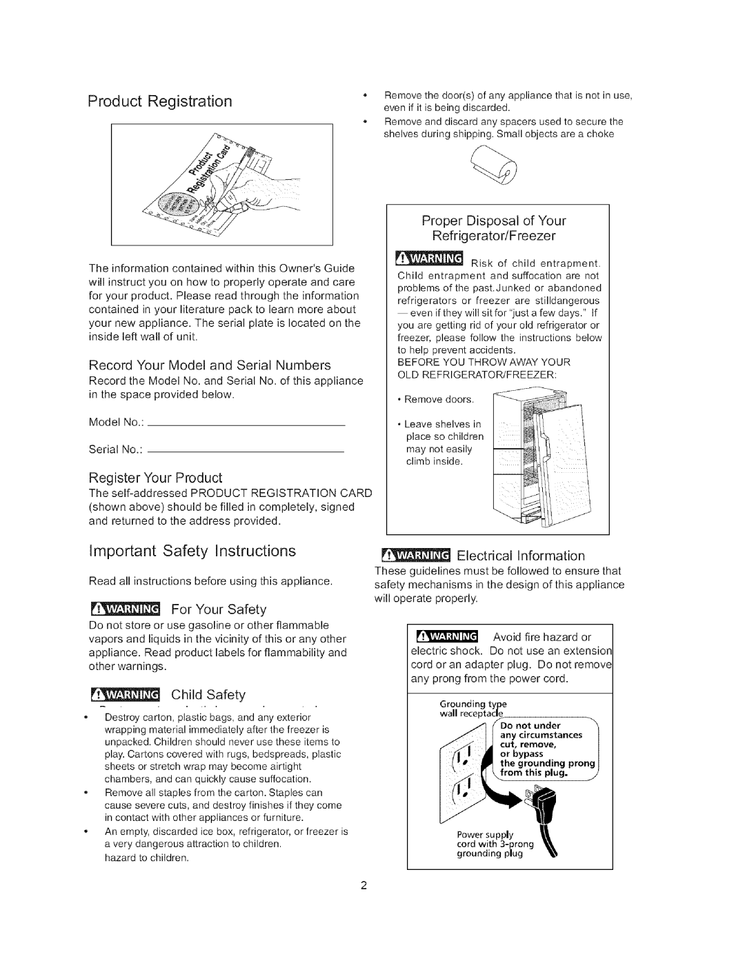 Arctic Air Refrigerator important safety instructions Product Registration, Important Safety Instructions 