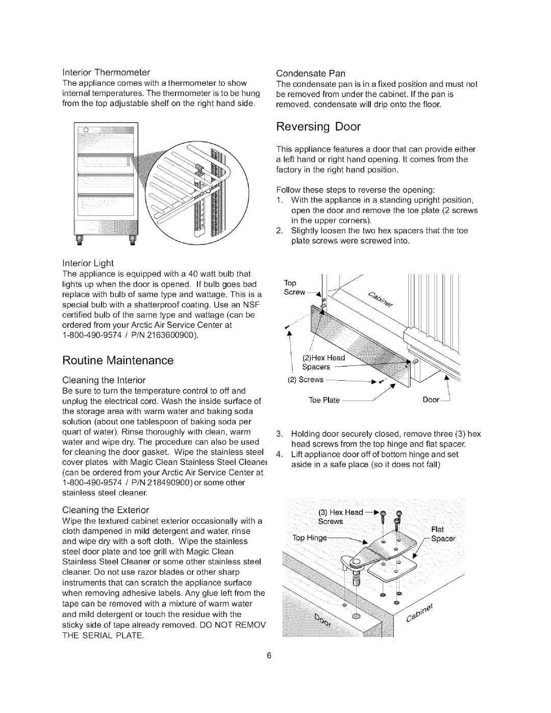 Arctic Air Refrigerator important safety instructions Reversing Door, Routine Maintenance 