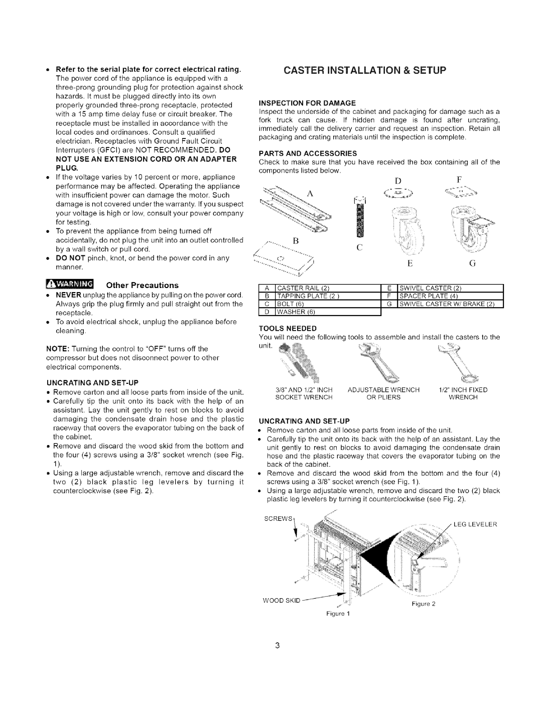 Arctic Air Refrigerator important safety instructions Caster Installation & Setup, Other Precautions 