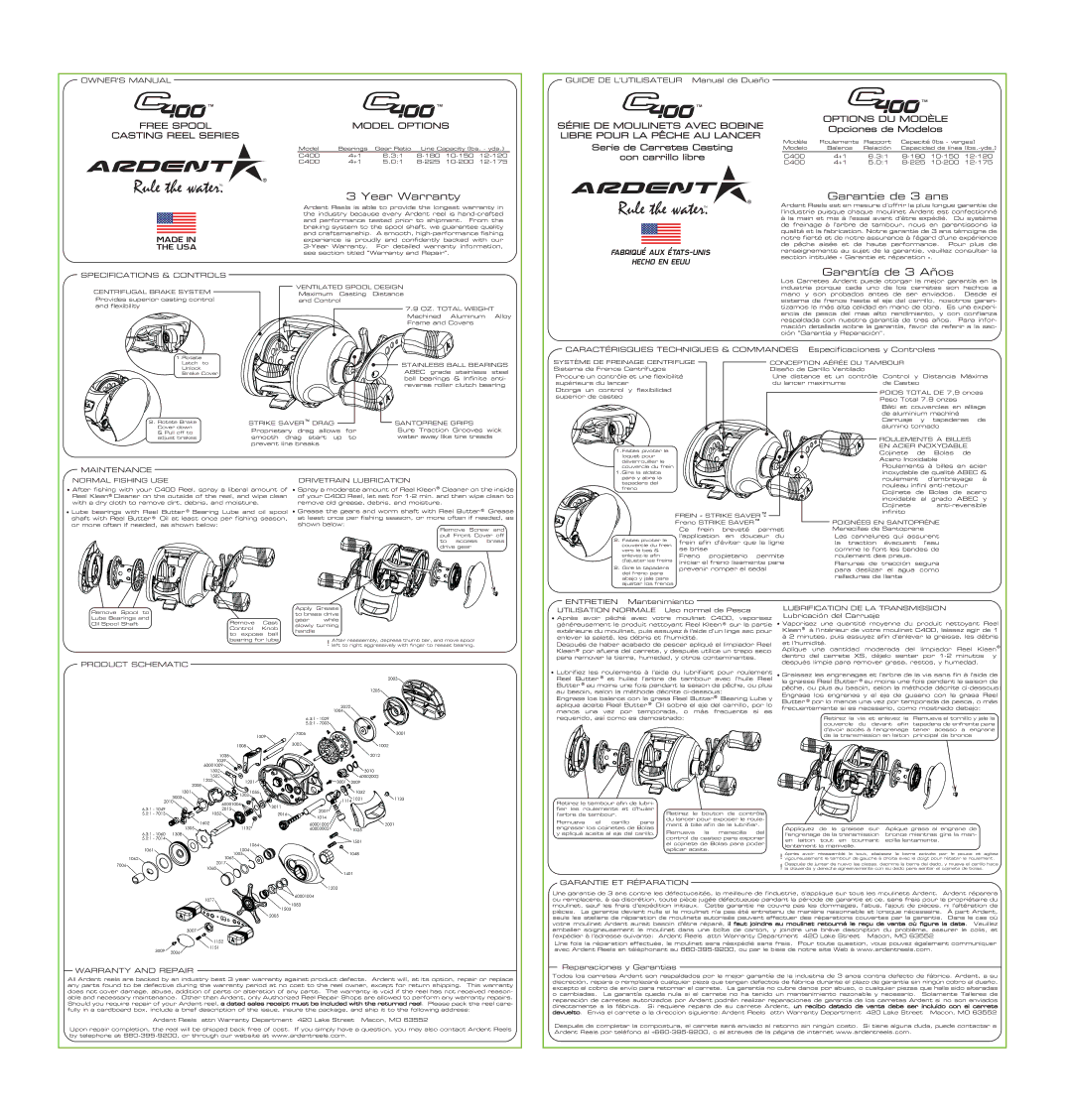 Ardent C400 manual Specifications & Controls, Guide DE L’UTILISATEUR, Maintenance, Product Schematic, Warranty and Repair 