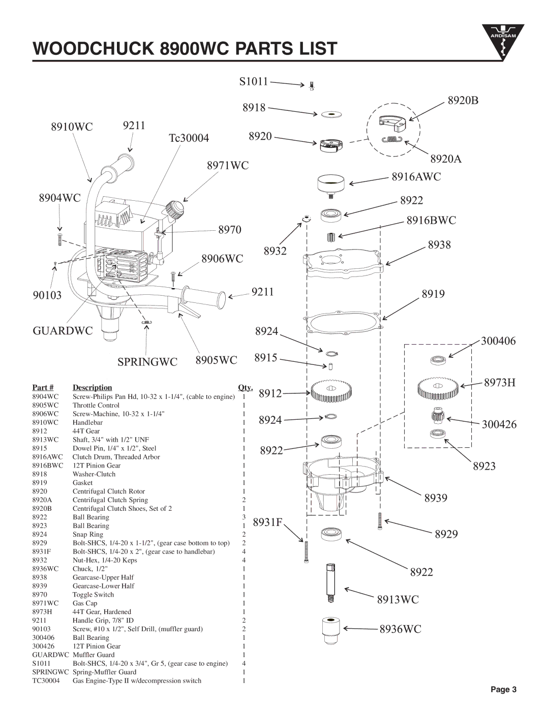 Ardisam manual Woodchuck 8900WC Parts List, Description 