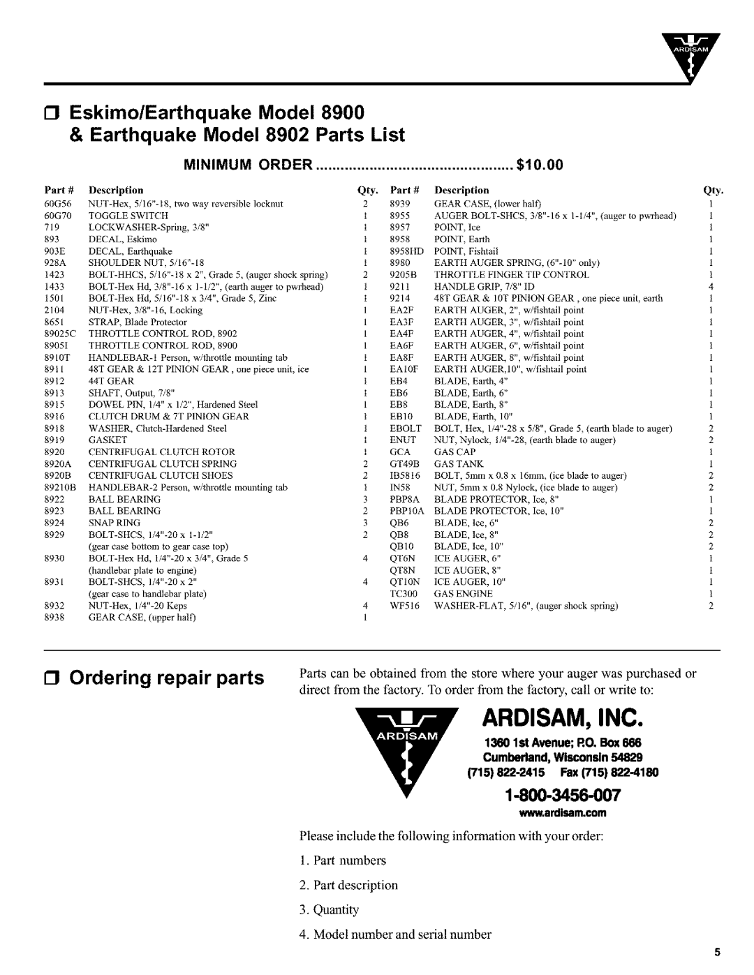 Ardisam 9200, 8902, 9000, 8900 manual Minimum Order, Qty 