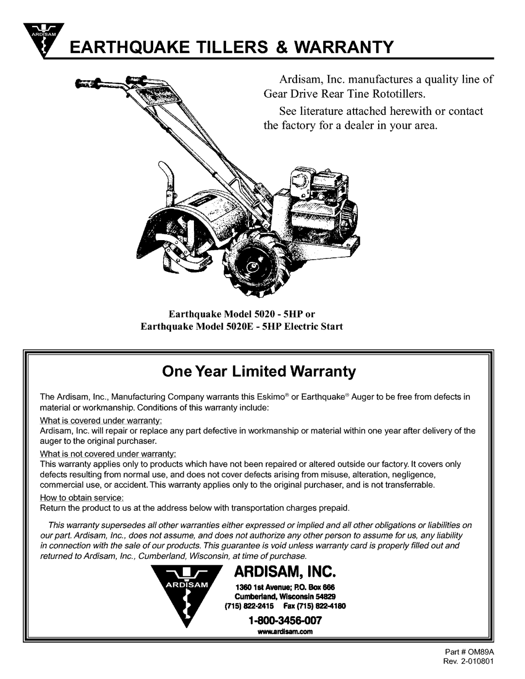 Ardisam 8902, 9200, 9000, 8900 manual Earthquake Tillers & Warranty, 800-3456-007 