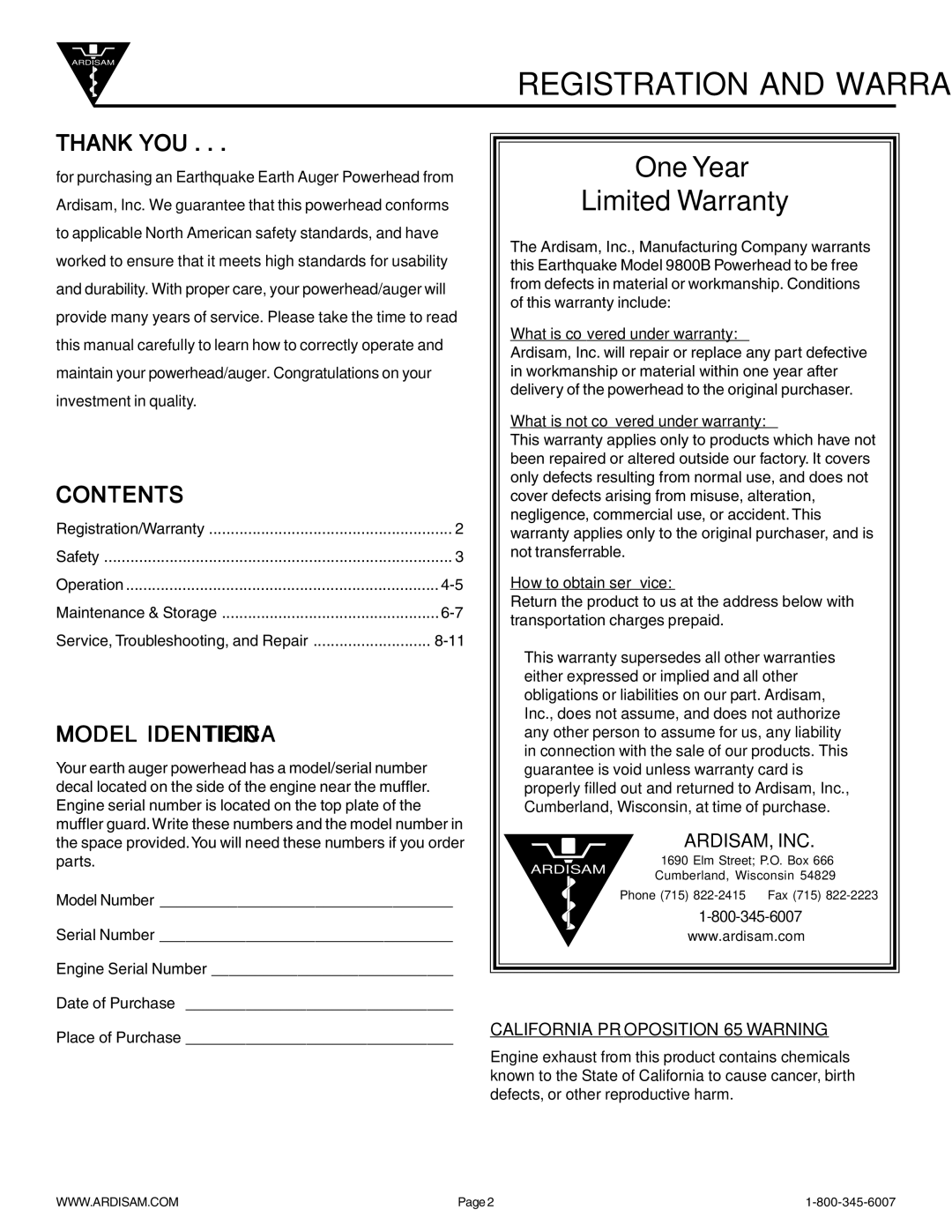 Ardisam 9800B manual Registration and Warranty, Contents, Model Identification 