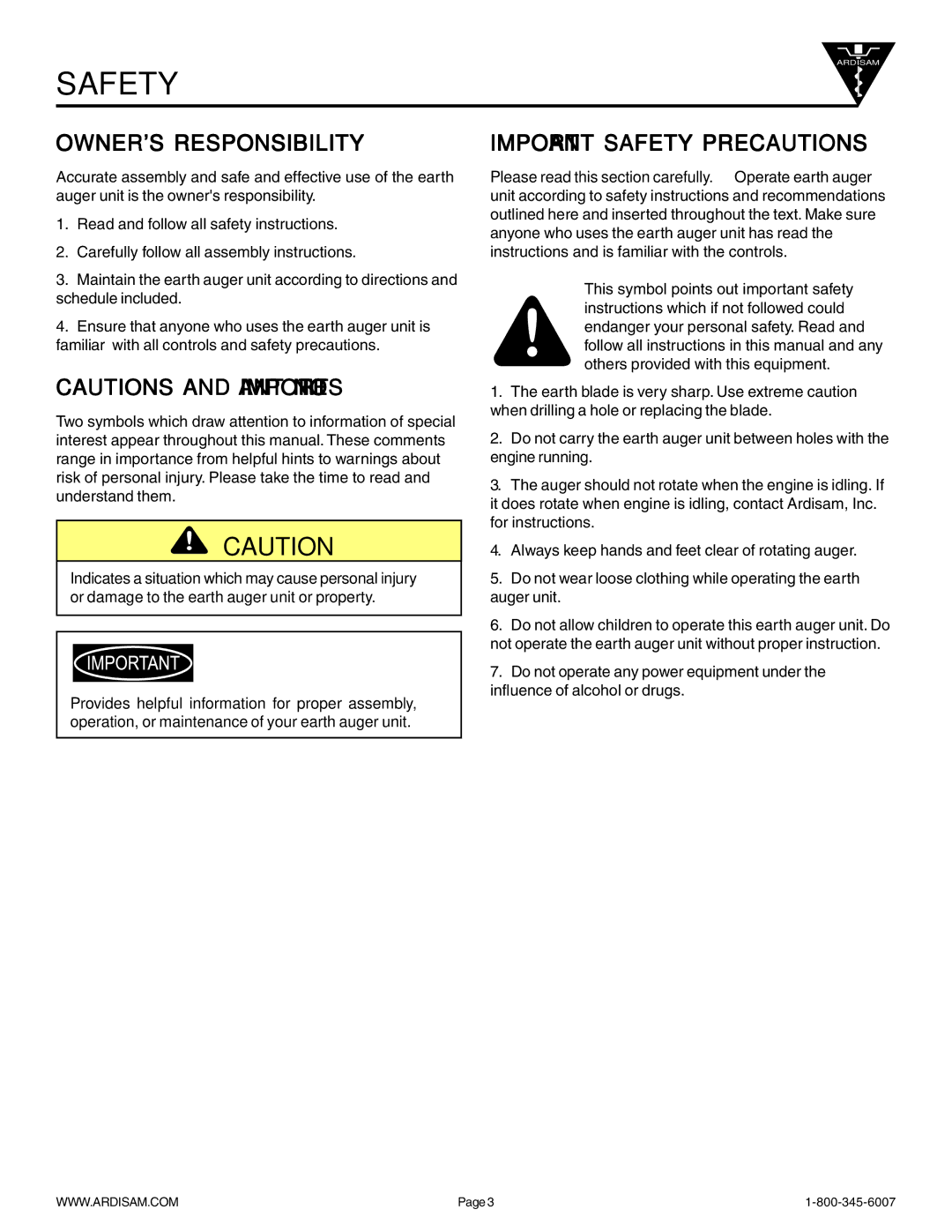 Ardisam 9800B manual Owners Responsibility, Important Safety Precautions 