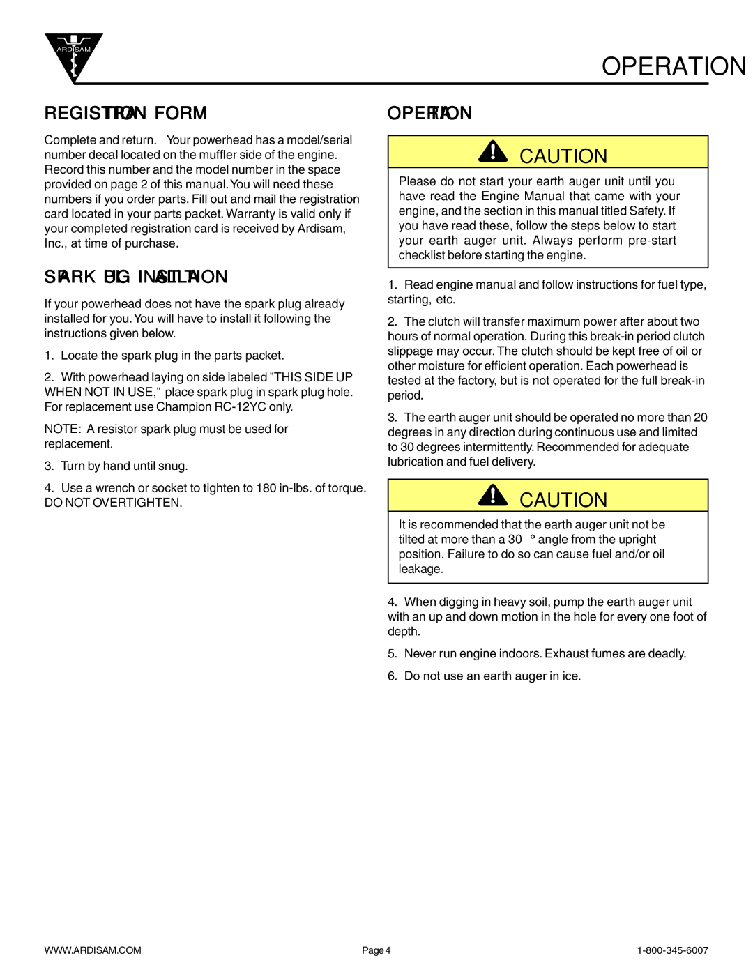 Ardisam 9800B manual Operation, Registration Form, Spark Plug Installation 