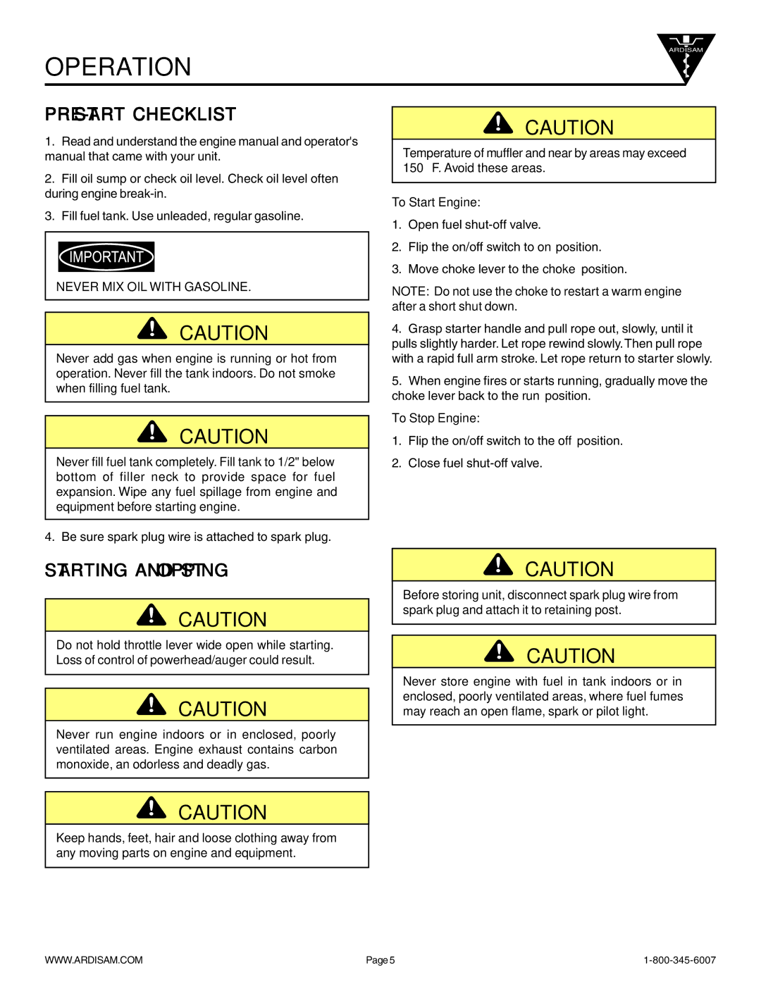 Ardisam 9800B manual PRE-START Checklist, Starting and Stopping 