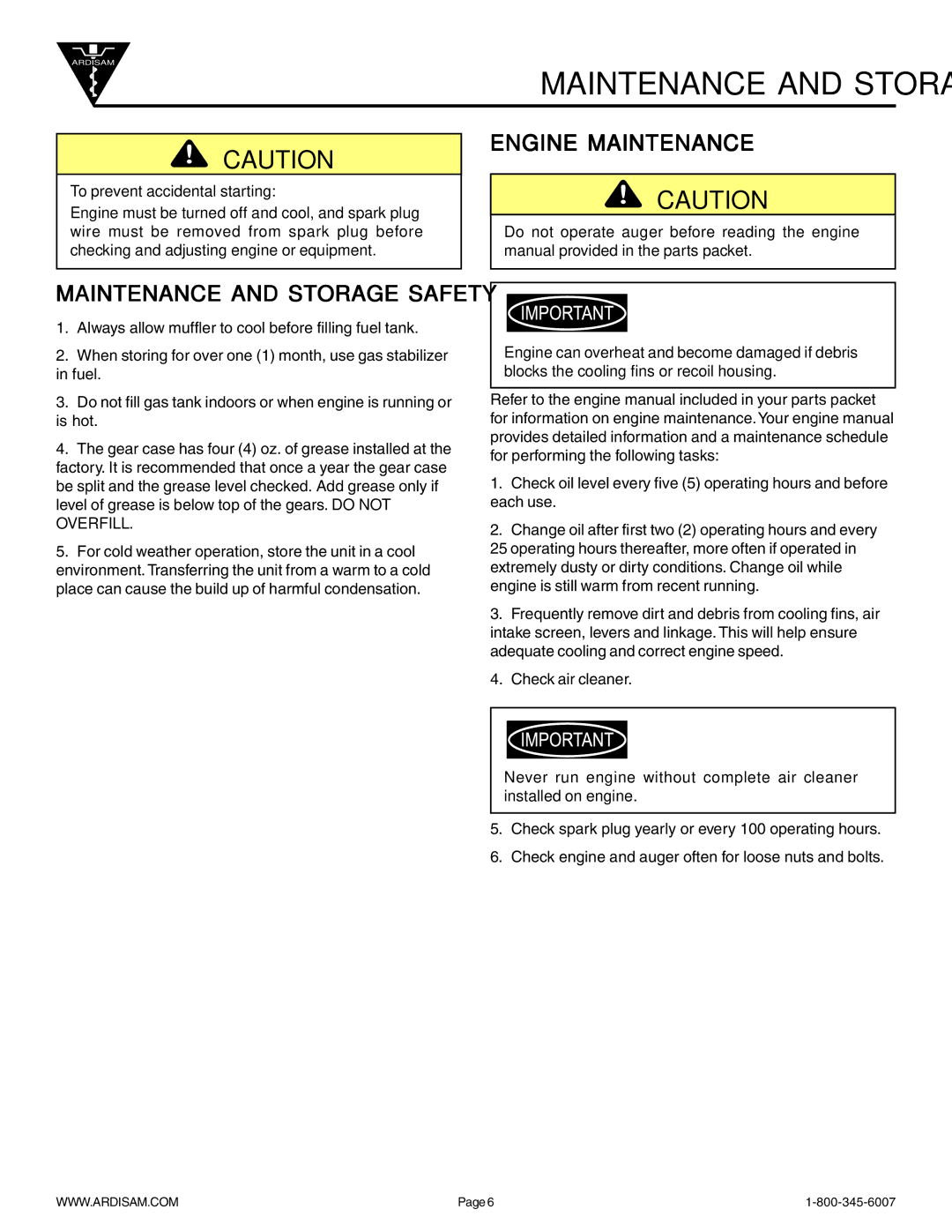 Ardisam 9800B manual Engine Maintenance, Maintenance and Storage Safety 