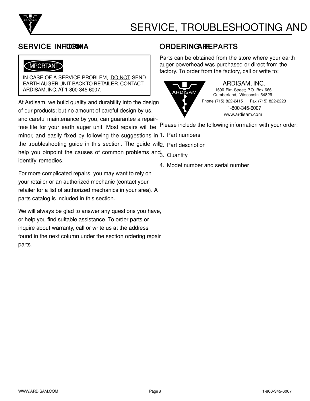 Ardisam 9800B manual SERVICE, Troubleshooting and Repair, Service Information 