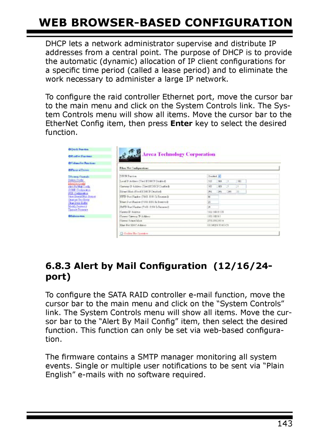 Areca ARC-1120, ARC-1110, ARC-1130, ARC-1231ML/1261ML/1280ML manual Alert by Mail Configuration 12/16/24 Port 