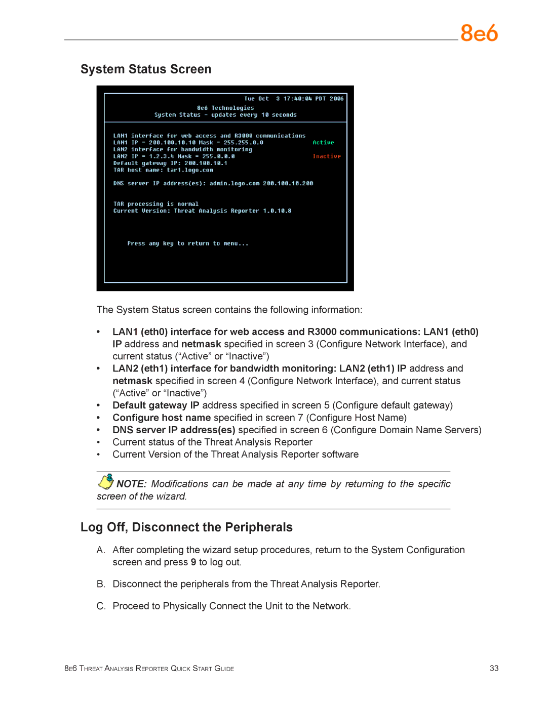 Argee MSA-004-004 quick start System Status Screen, Log Off, Disconnect the Peripherals 