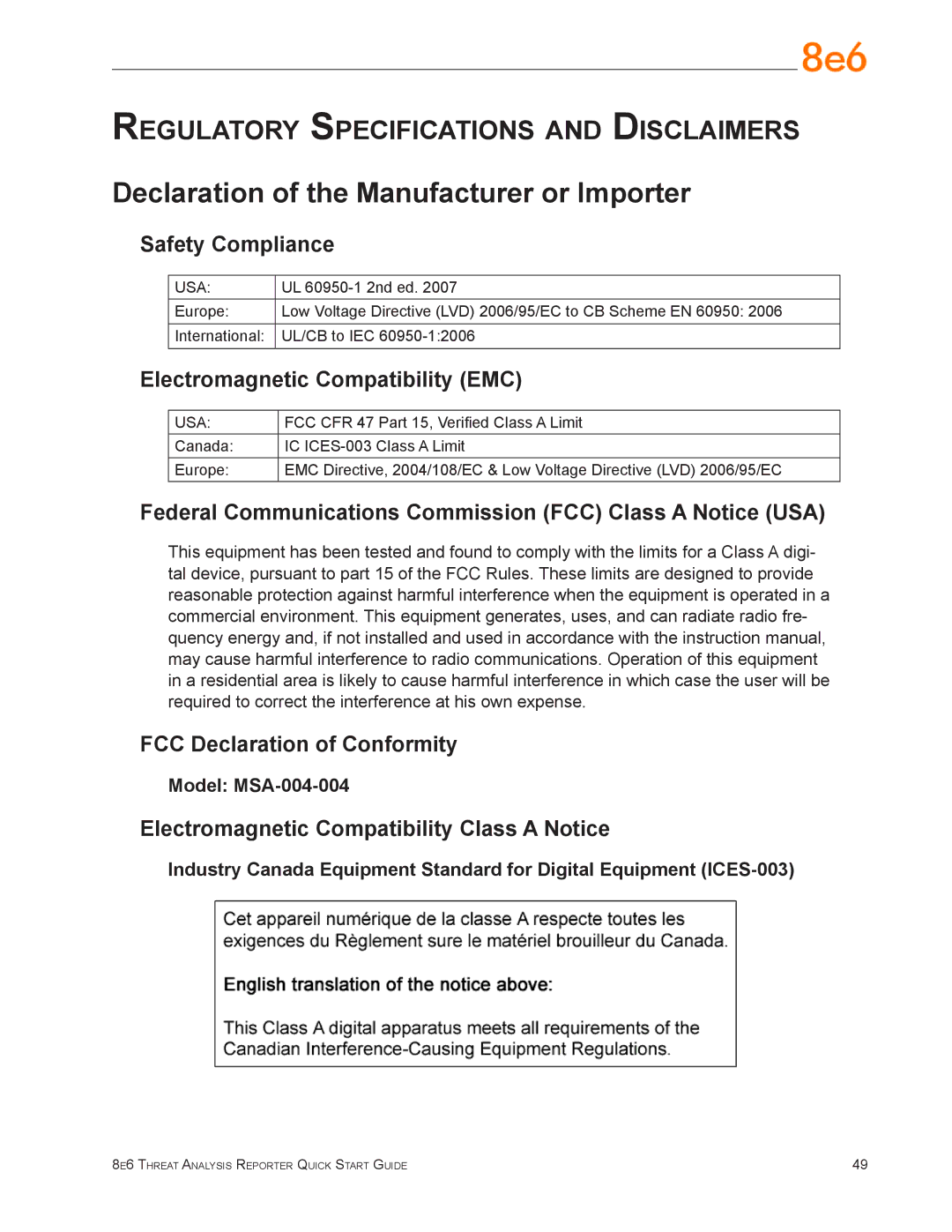 Argee MSA-004-004 Declaration of the Manufacturer or Importer, Safety Compliance, Electromagnetic Compatibility EMC 