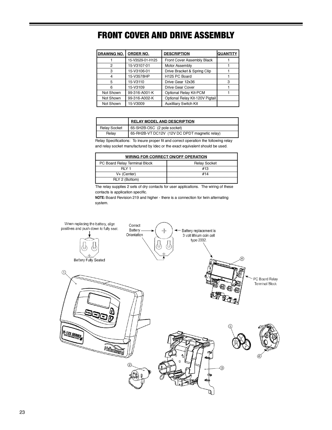 Argosy Research H-125 Series owner manual Front Cover and Drive Assembly, Drawing no Order no Description Quantity 