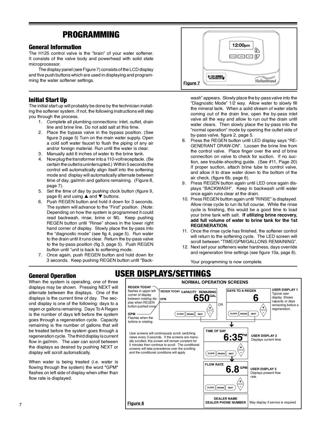 Argosy Research H-125 Series owner manual 650, 635, Programming, User displays/settings 