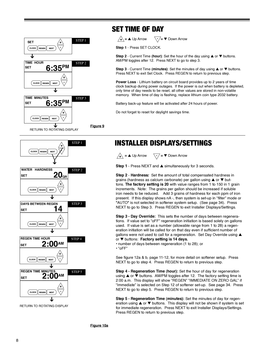 Argosy Research H-125 Series owner manual 635PM, 20 GR, SET Time of DAY, Installer DISPLAYS/SETTINGS, =  Up Arrow 