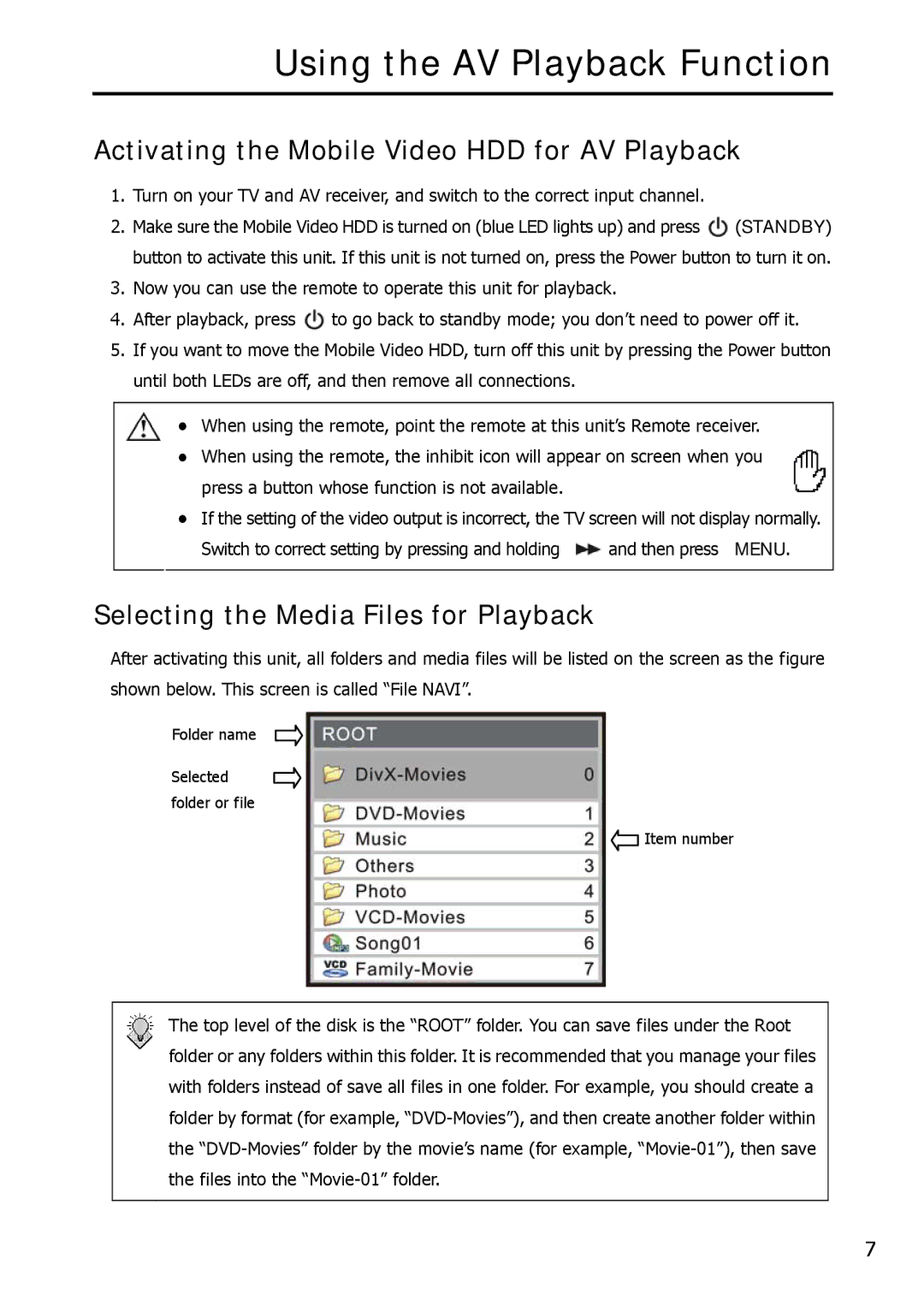 Argosy Research user manual Activating the Mobile Video HDD for AV Playback, Selecting the Media Files for Playback 