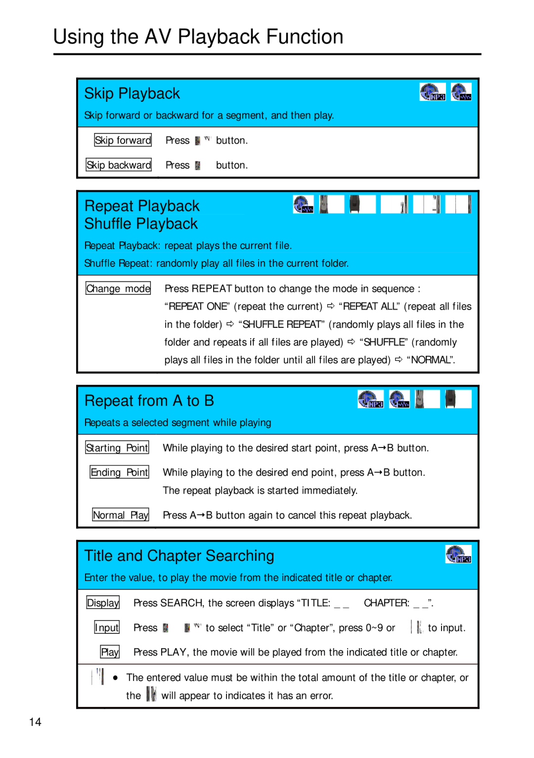 Argosy Research Mobile Video HDD user manual Skip Playback, Repeat Playback Shuffle Playback, Repeat from a to B 