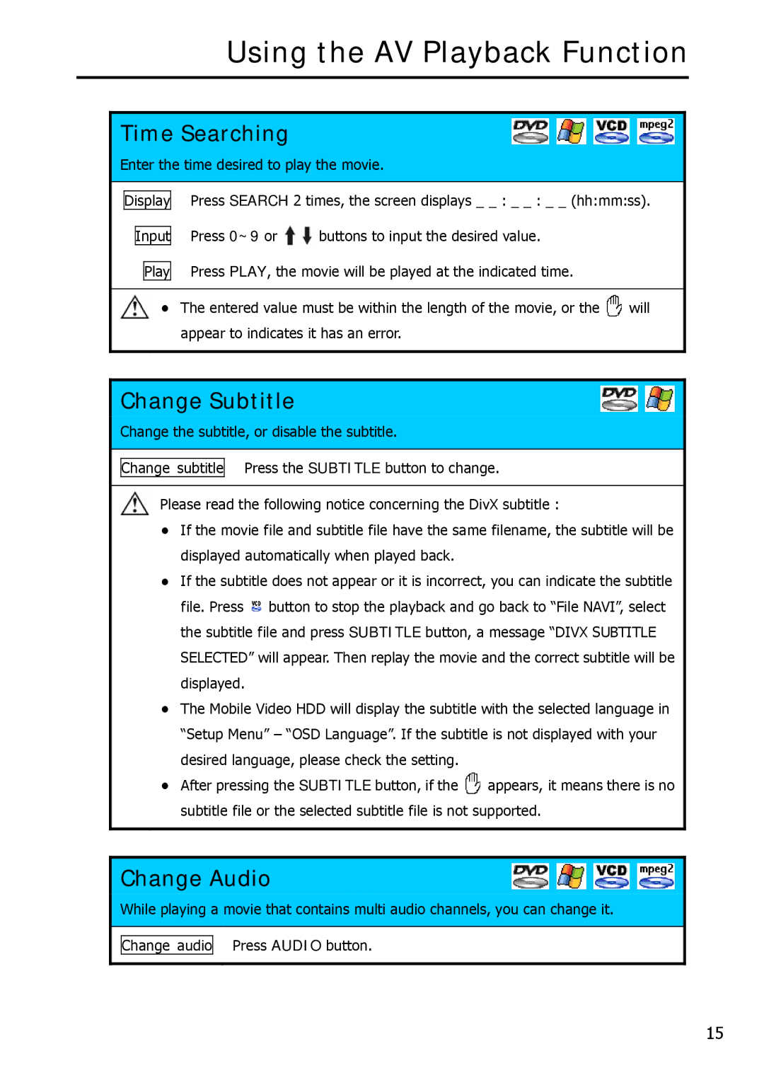 Argosy Research Mobile Video HDD user manual Time Searching, Change Subtitle, Change Audio 