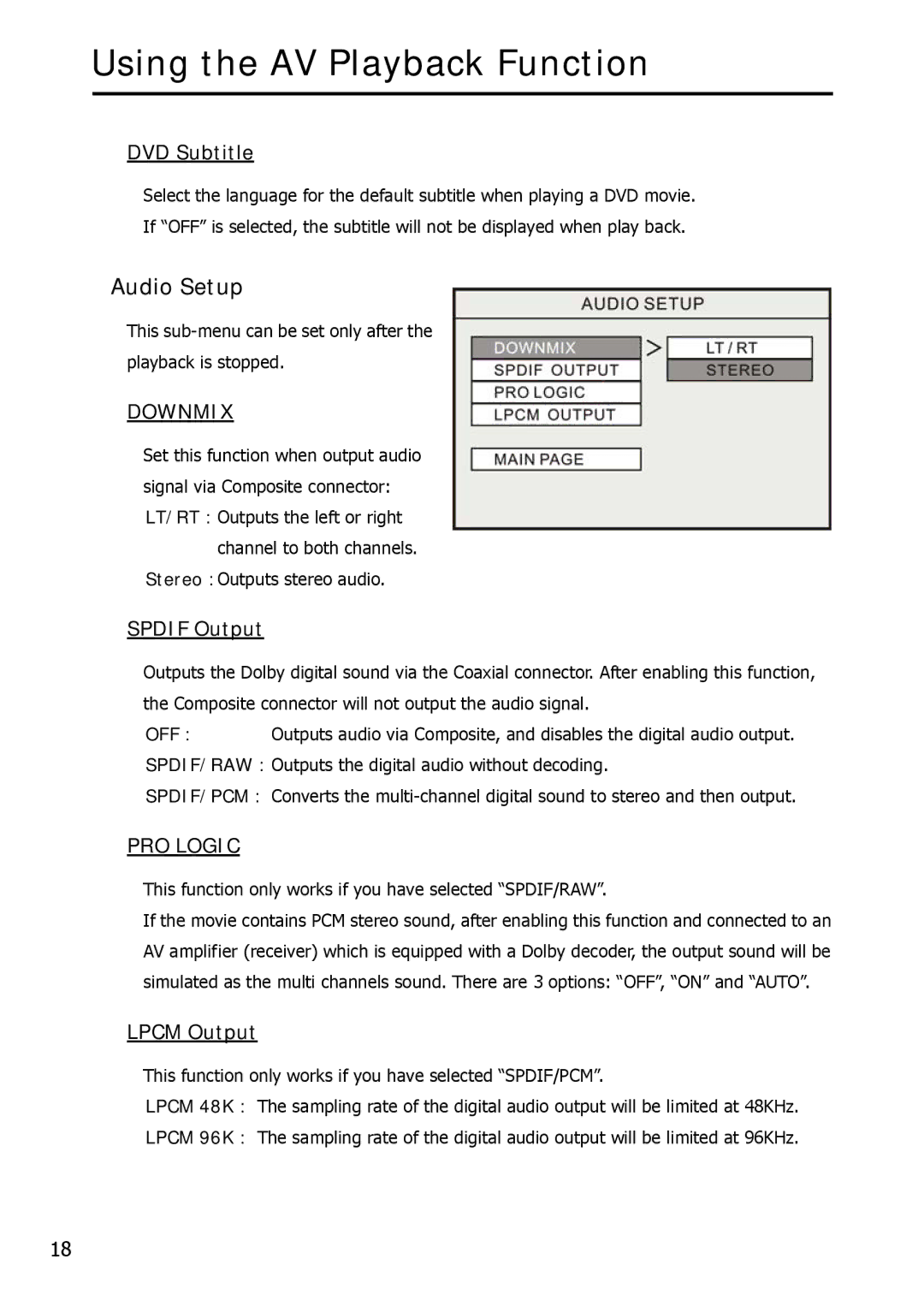 Argosy Research Mobile Video HDD user manual Audio Setup, DVD Subtitle, Spdif Output, Lpcm Output 