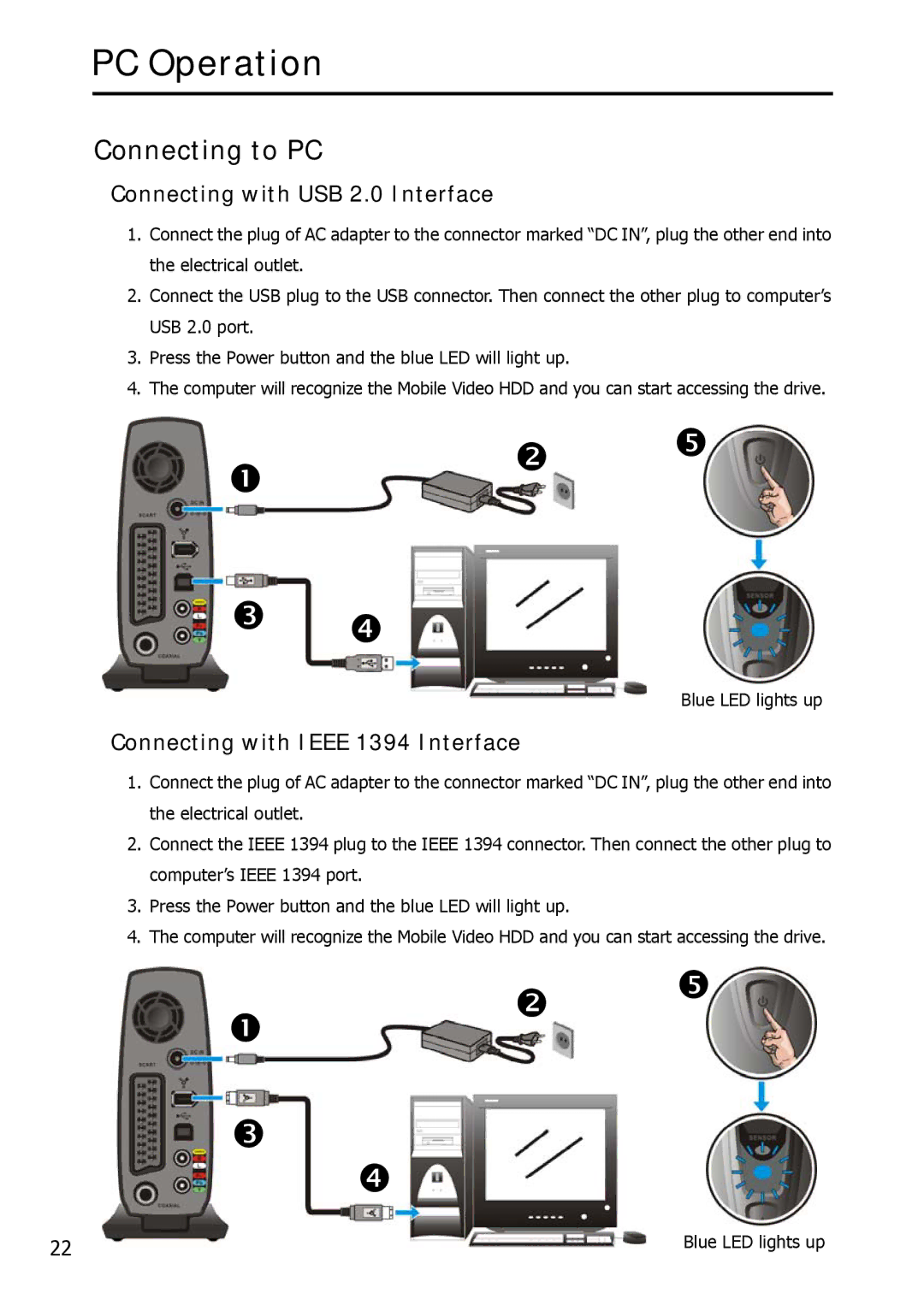 Argosy Research Mobile Video HDD Connecting to PC, Connecting with USB 2.0 Interface, Connecting with Ieee 1394 Interface 