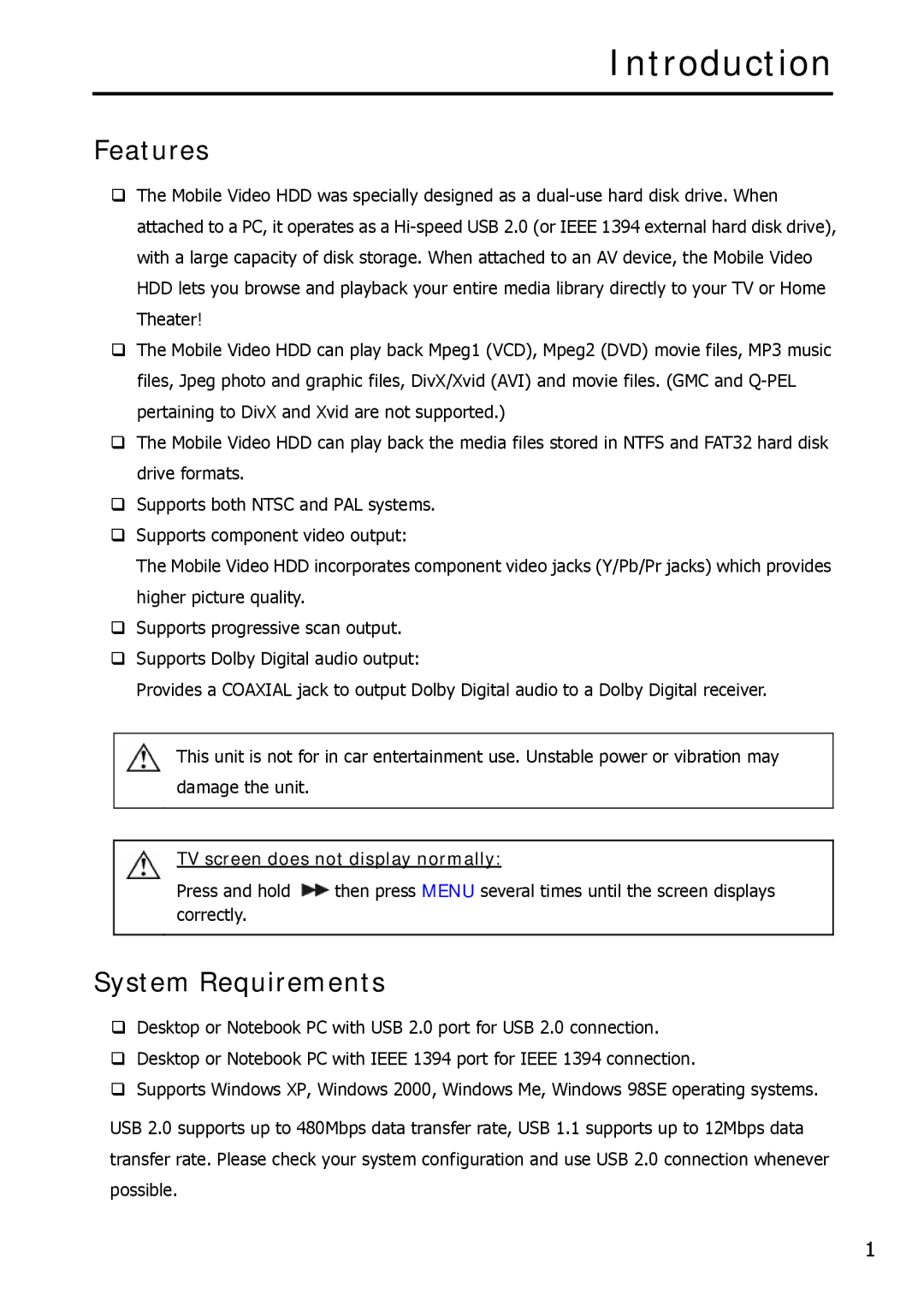 Argosy Research Mobile Video HDD user manual Introduction, Features, System Requirements 