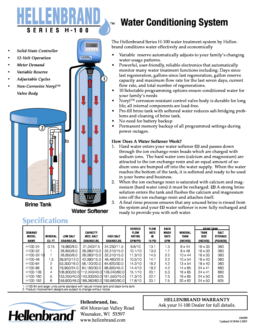 Argosy Research Series H-100 manual Water Conditioning System, Specifications, Brine Tank, Water Softener, Hellenbrand, Inc 