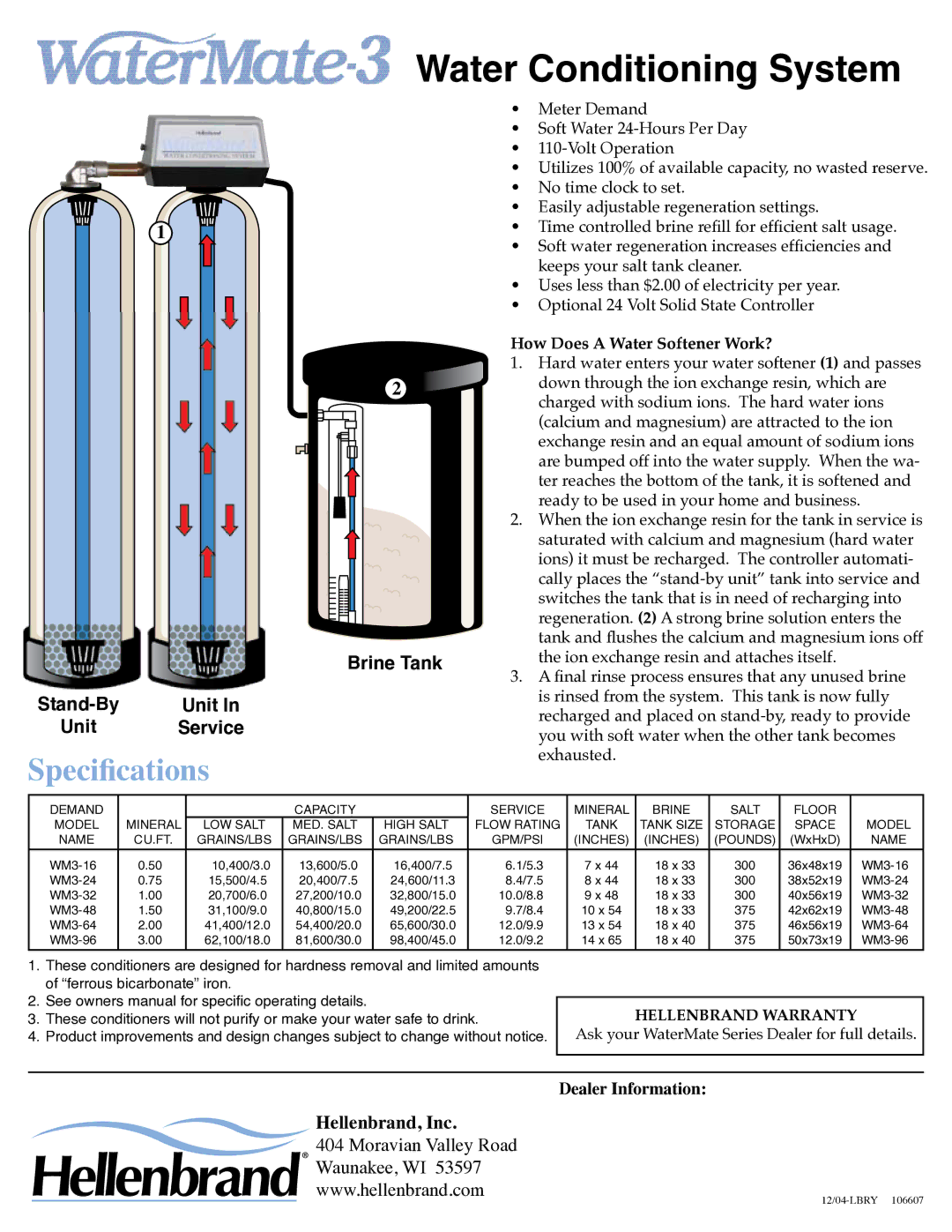 Argosy Research WaterMate 3 manual Water Conditioning System, Specifications, Unit Service, Brine Tank 