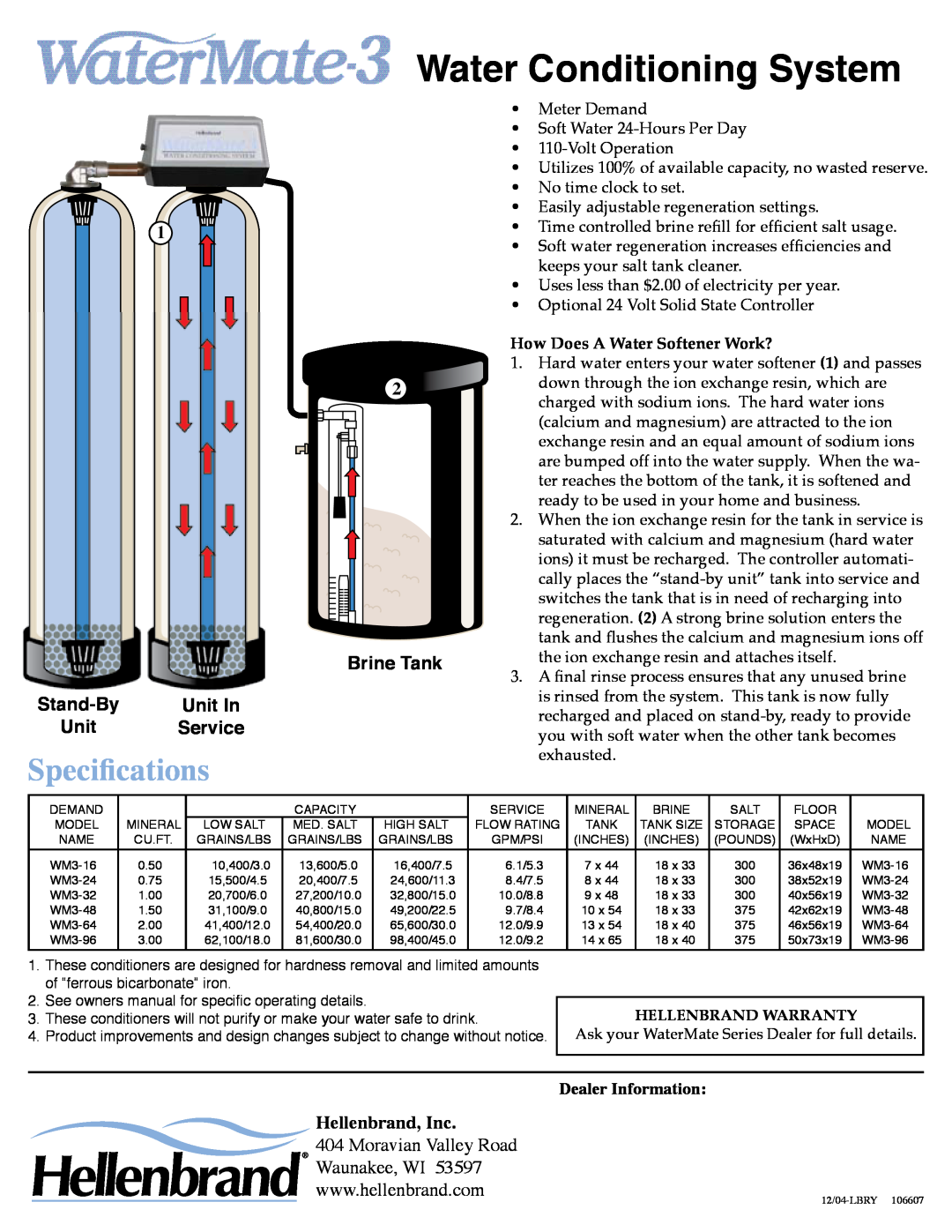 Argosy Research WaterMate 3 Water Conditioning System, Specifications, Unit In, Service, Brine Tank, Hellenbrand, Inc 