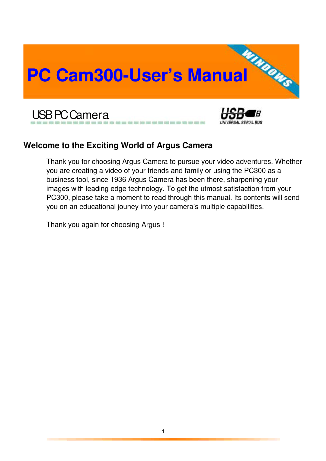 Argus Camera manual PC Cam300-User’s Manual 