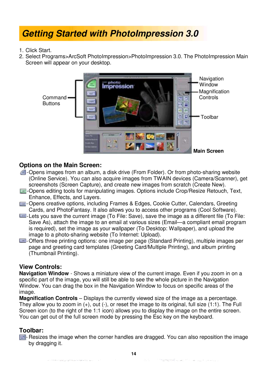 Argus Camera 300 manual Getting Started with PhotoImpression, Options on the Main Screen, View Controls, Toolbar 