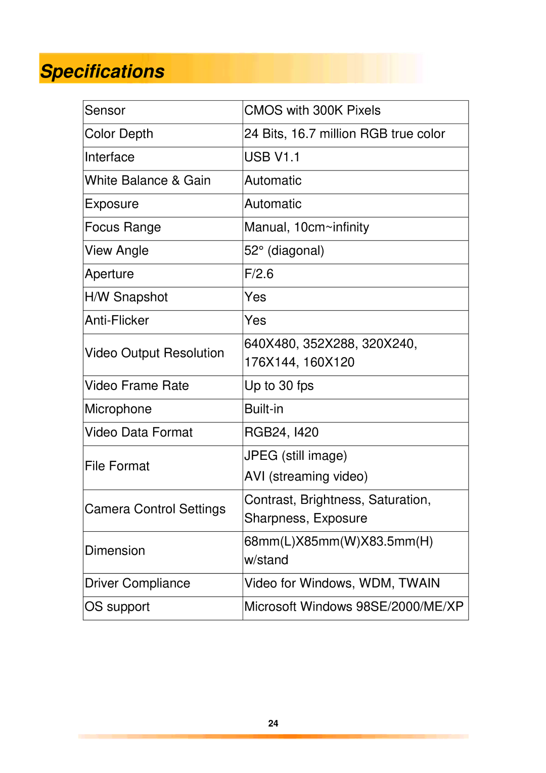 Argus Camera 300 manual Specifications 