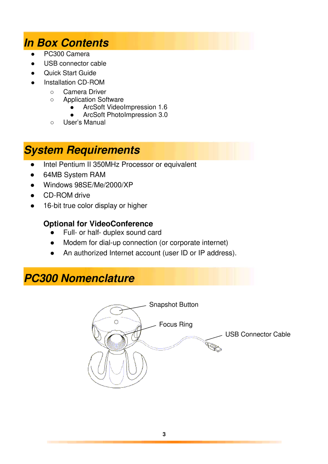 Argus Camera manual Box Contents, System Requirements, PC300 Nomenclature 