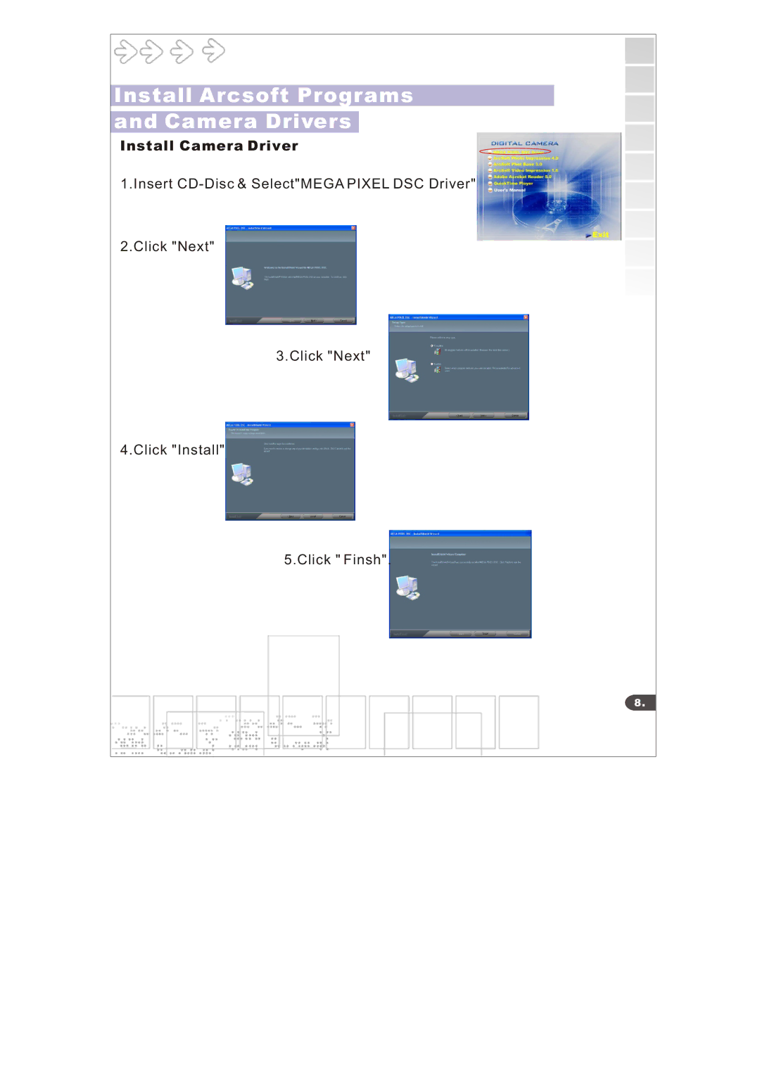 Argus Camera 3640 manual Install Arcsoft Programs Camera Drivers, Install Camera Driver 