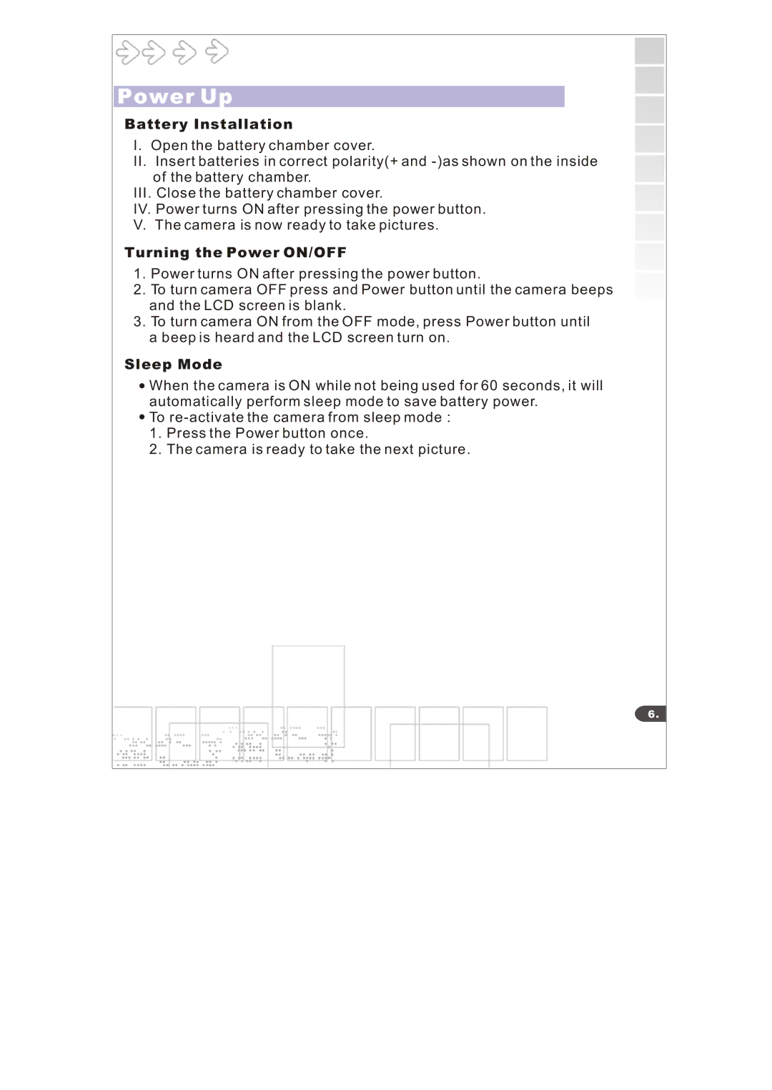 Argus Camera 3640 manual Power Up, Battery Installation, Turning the Power ON/OFF, Sleep Mode 