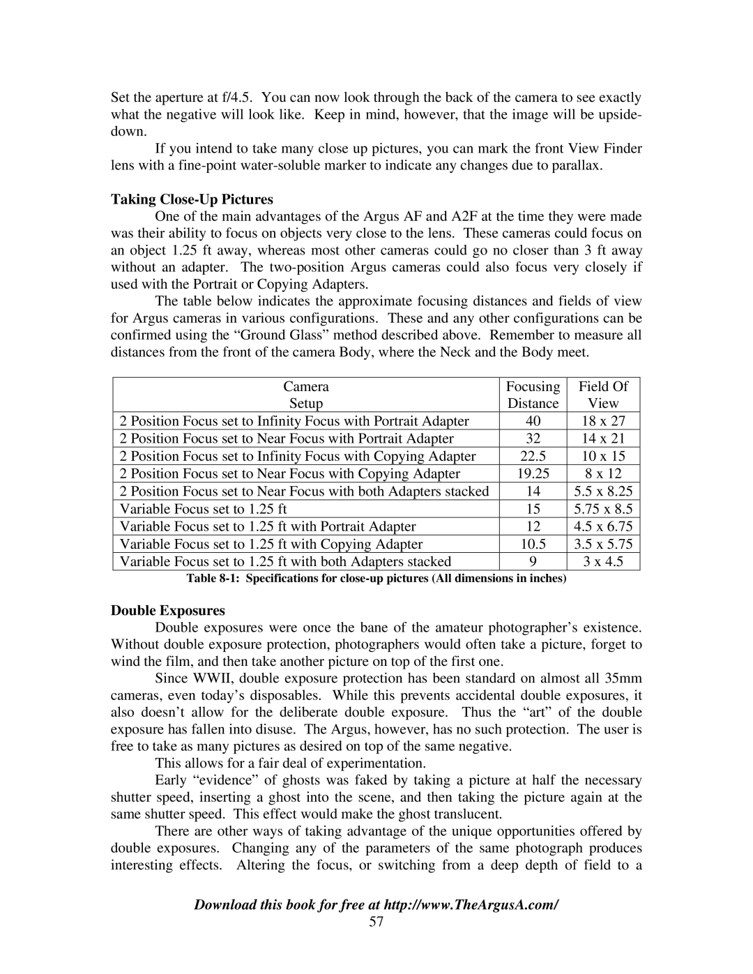Argus Camera ARGUS A2 manual Taking Close-Up Pictures, Double Exposures 