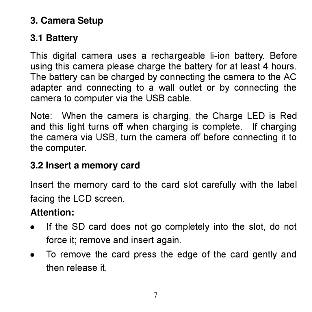 Argus Camera Bean - Carabiner manual Camera Setup 3.1 Battery, Insert a memory card 