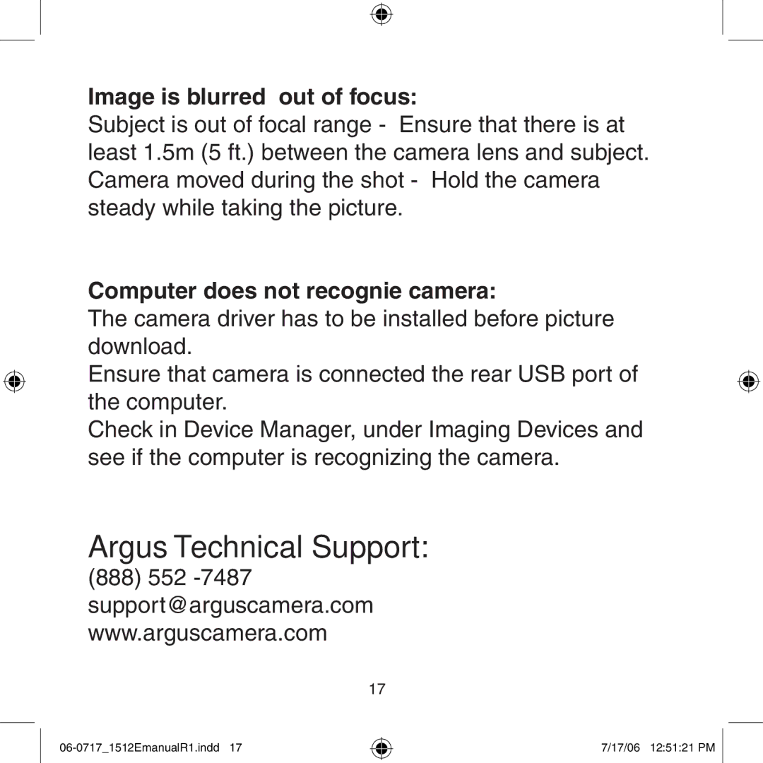 Argus Camera DC-1512E manual Argus Technical Support 