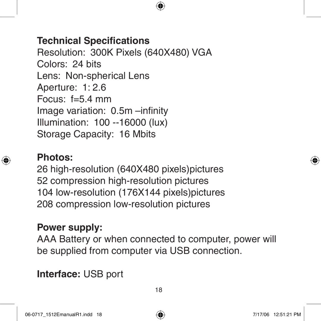 Argus Camera DC-1512E manual Technical Specifications, Photos, Power supply, Interface USB port 