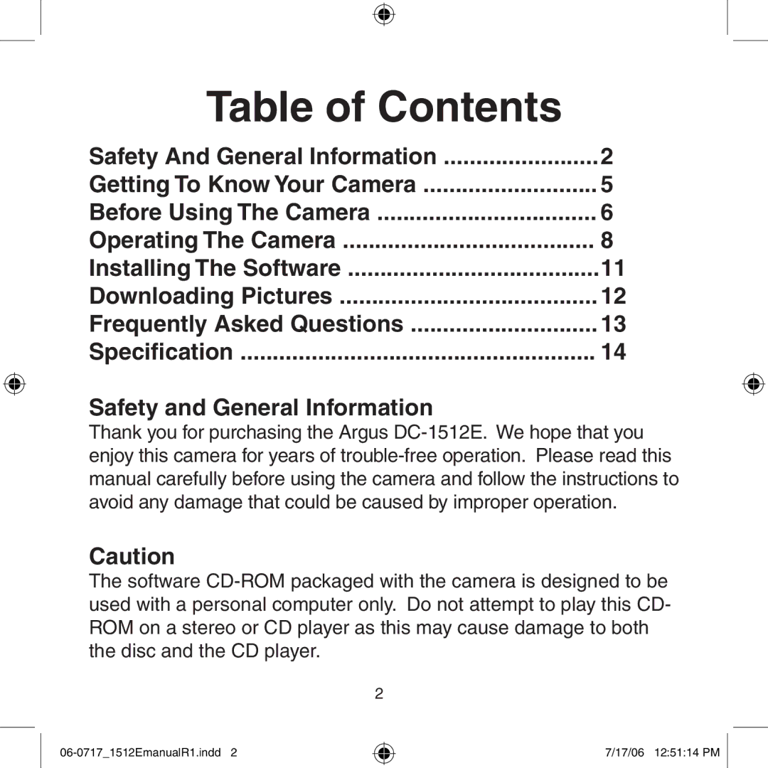 Argus Camera DC-1512E manual Table of Contents 