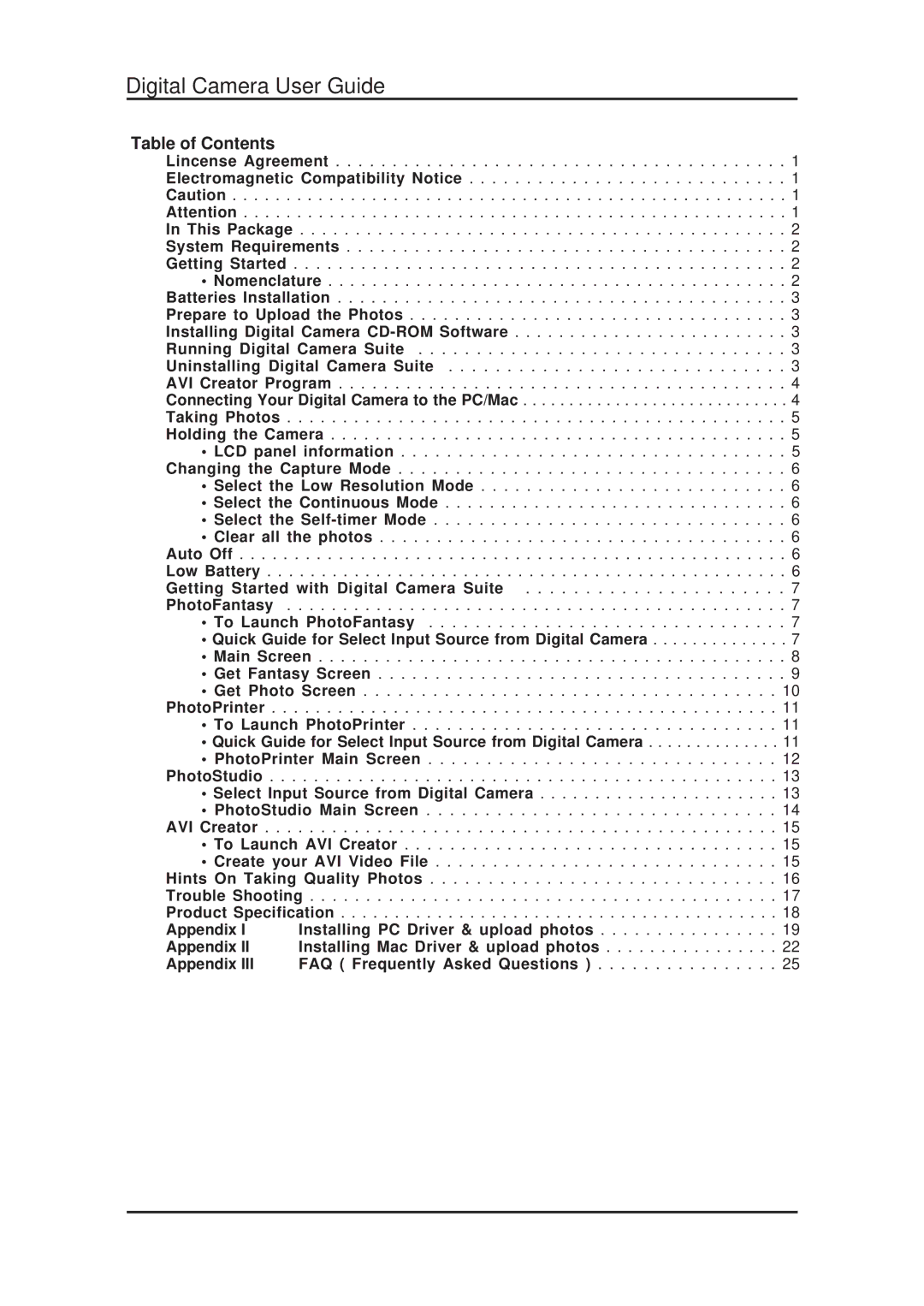 Argus Camera DC 1600 manual Digital Camera User Guide, Table of Contents 