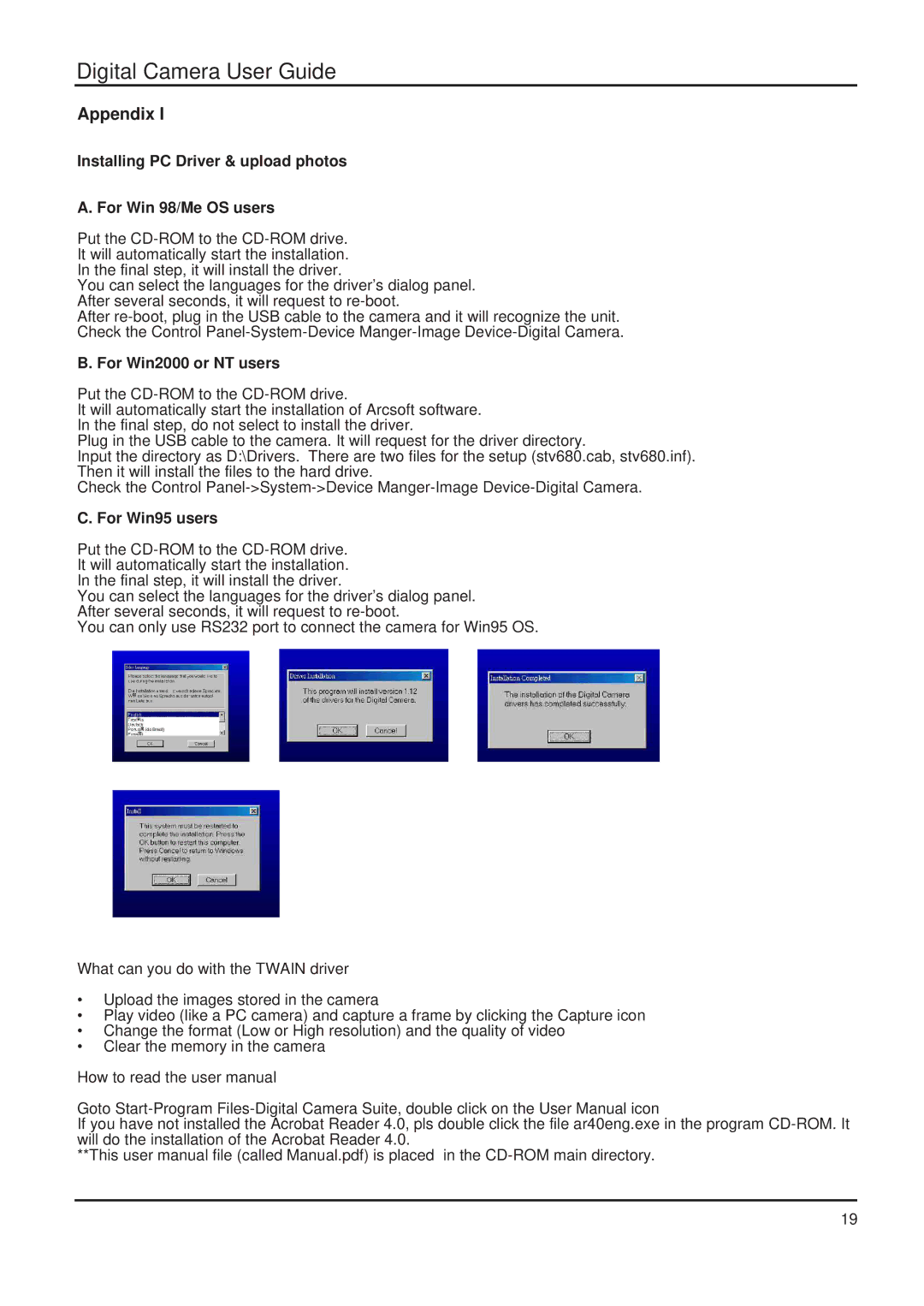 Argus Camera DC 1600 manual Appendix, Installing PC Driver & upload photos For Win 98/Me OS users, For Win2000 or NT users 