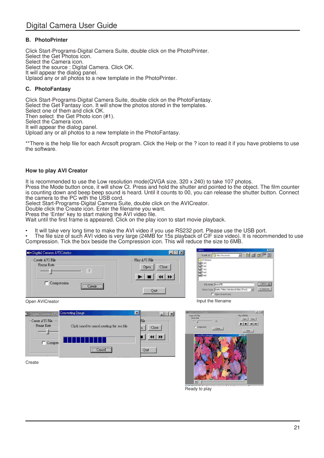 Argus Camera DC 1600 manual PhotoPrinter, PhotoFantasy, How to play AVI Creator 