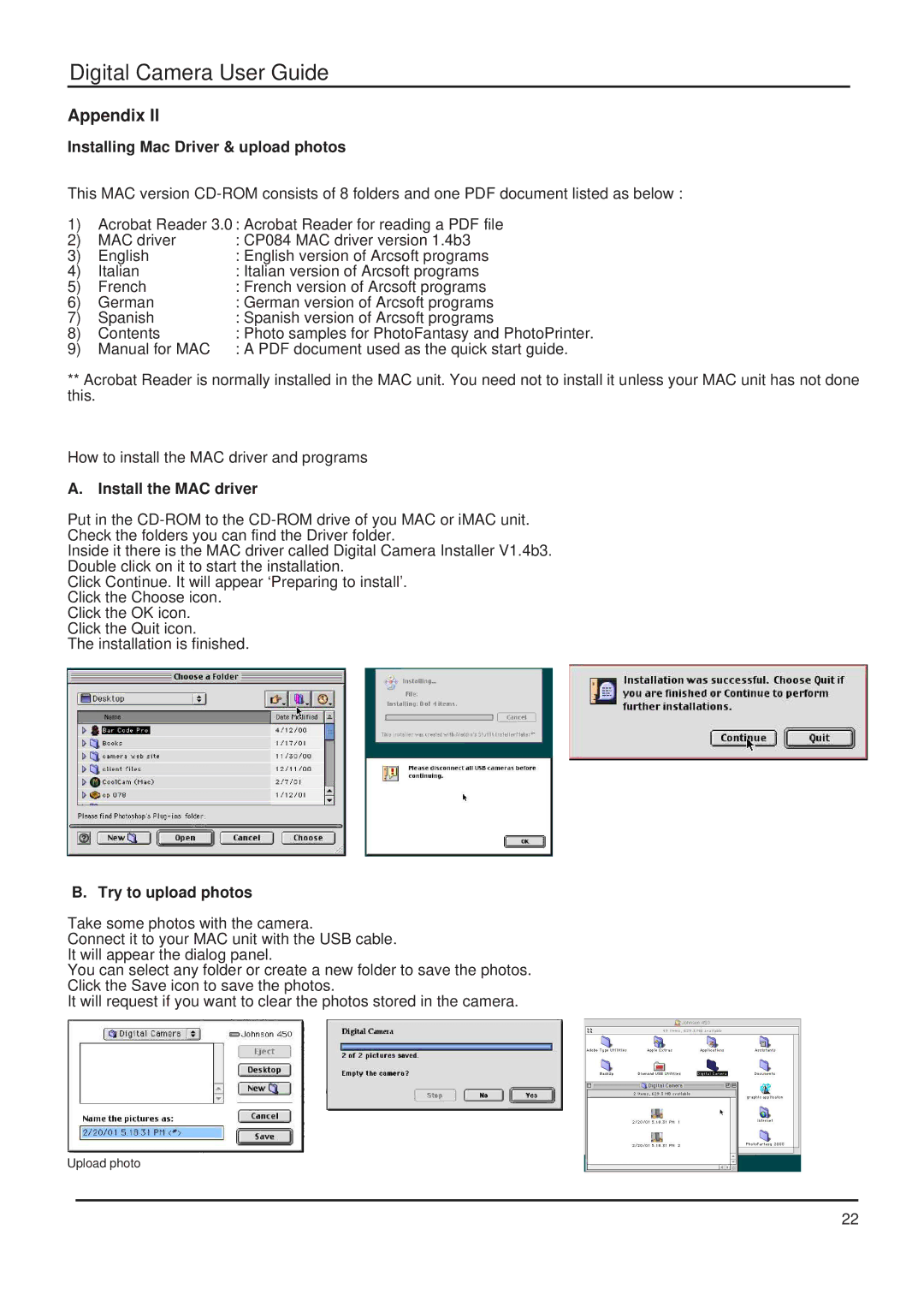 Argus Camera DC 1600 manual Installing Mac Driver & upload photos, Install the MAC driver, Try to upload photos 