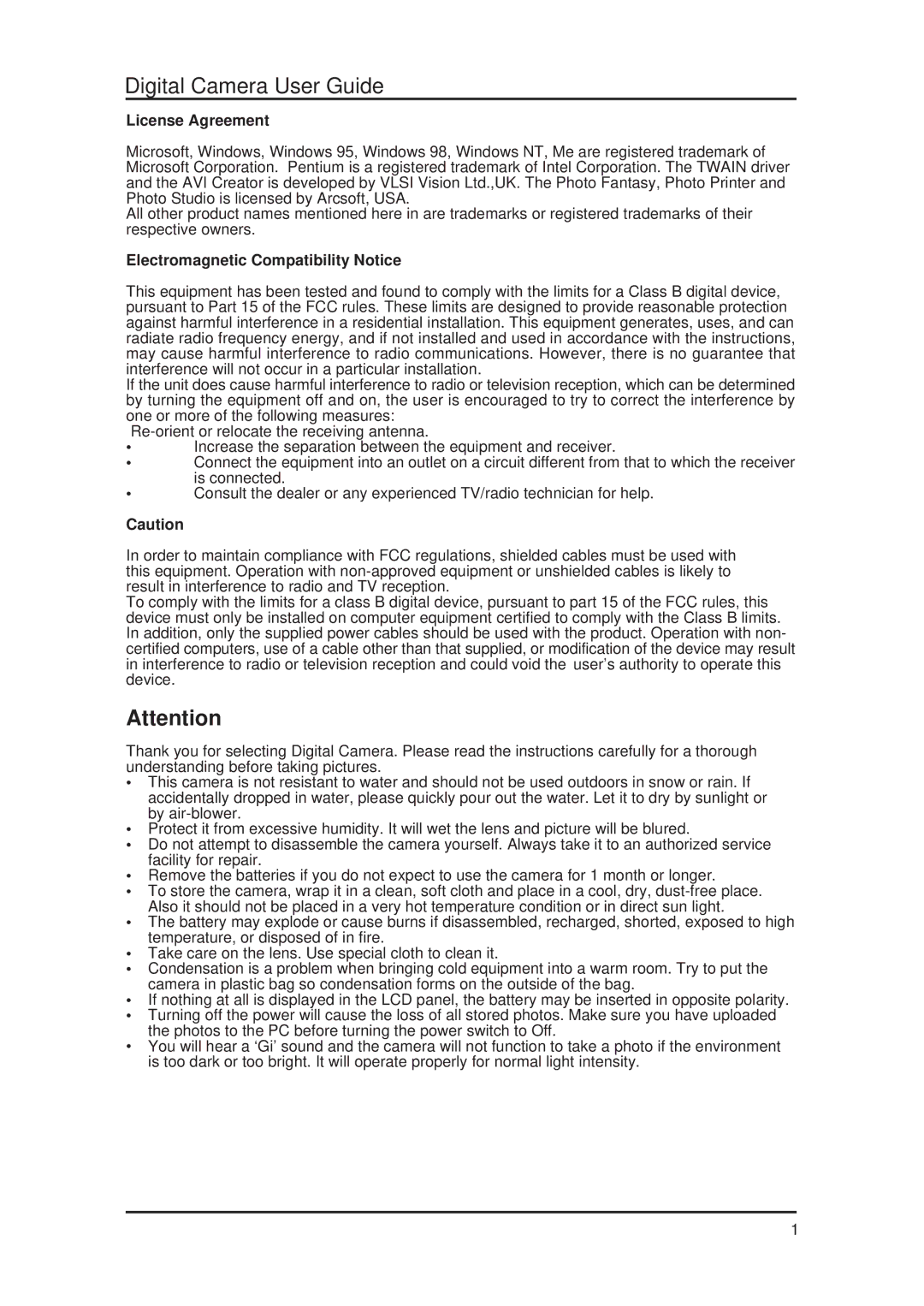 Argus Camera DC 1600 manual License Agreement, Electromagnetic Compatibility Notice 