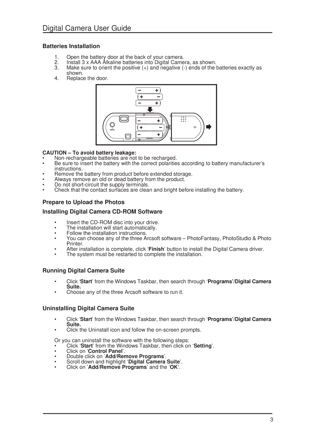 Argus Camera DC 1600 manual Batteries Installation, Running Digital Camera Suite, Uninstalling Digital Camera Suite 