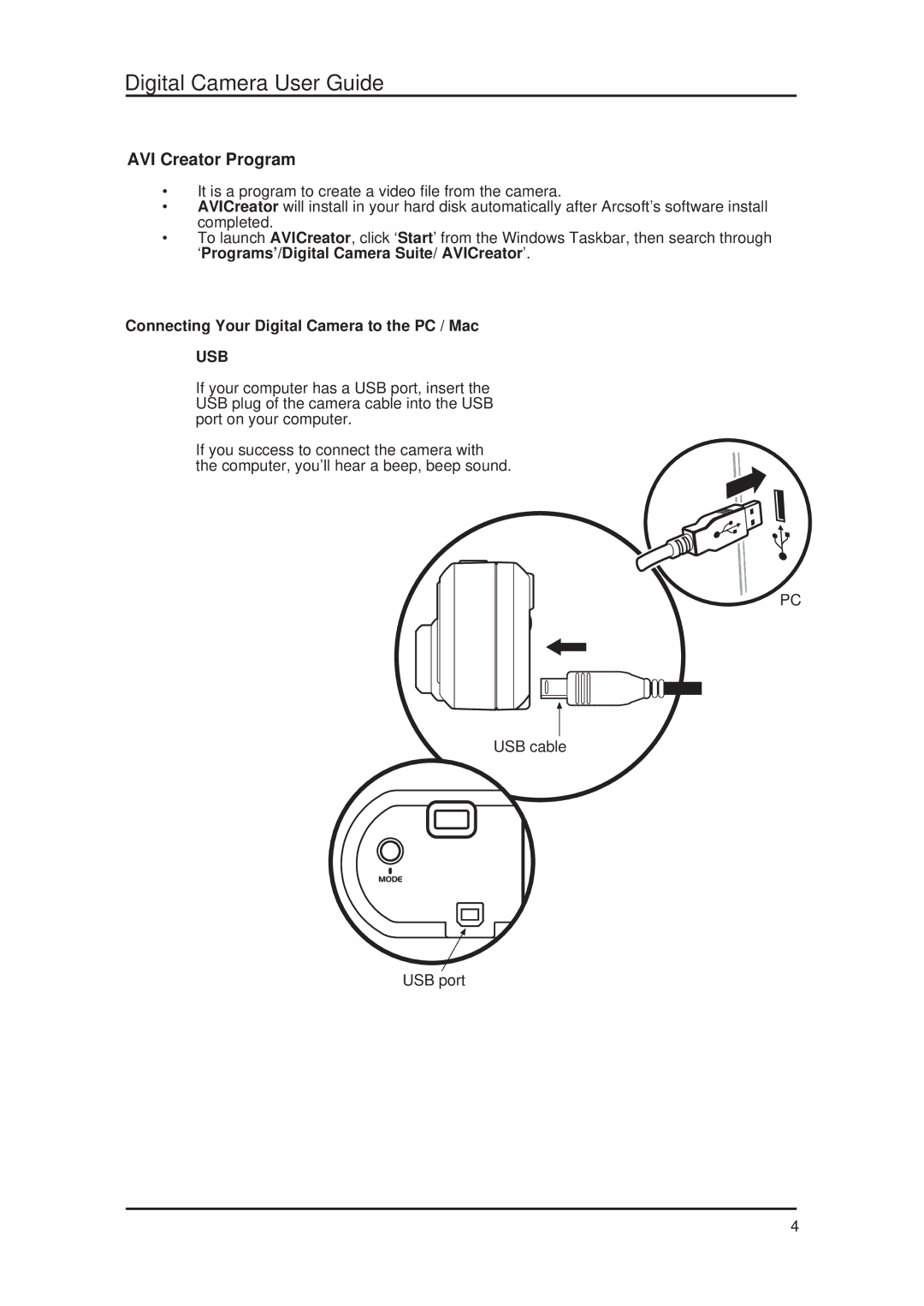 Argus Camera DC 1600 manual AVI Creator Program, Connecting Your Digital Camera to the PC / Mac 