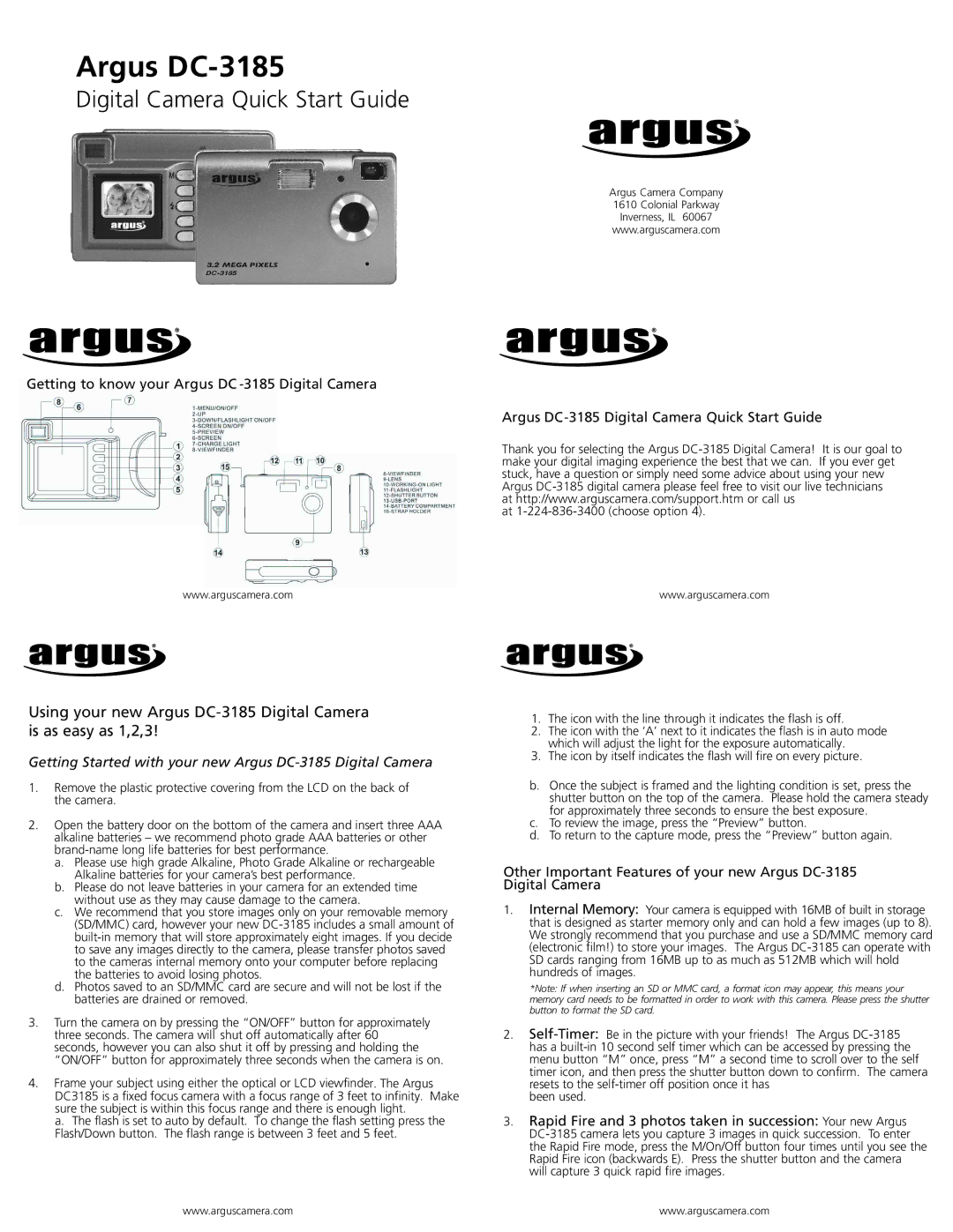 Argus Camera manual Getting Started with your new Argus DC-3185 Digital Camera 